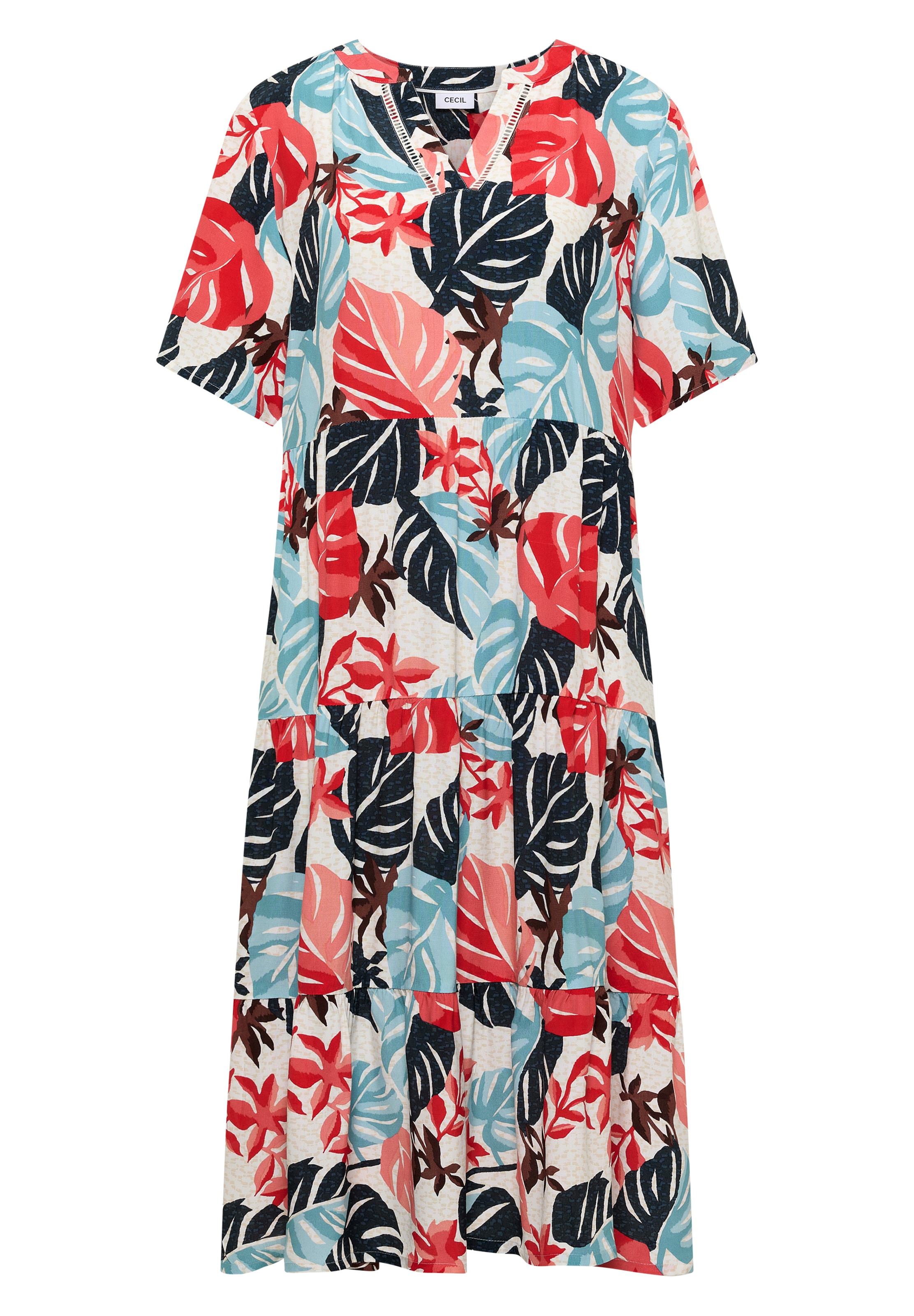 CECIL Midikleid mit Split Neck und Print in Weiß: Vorderseite