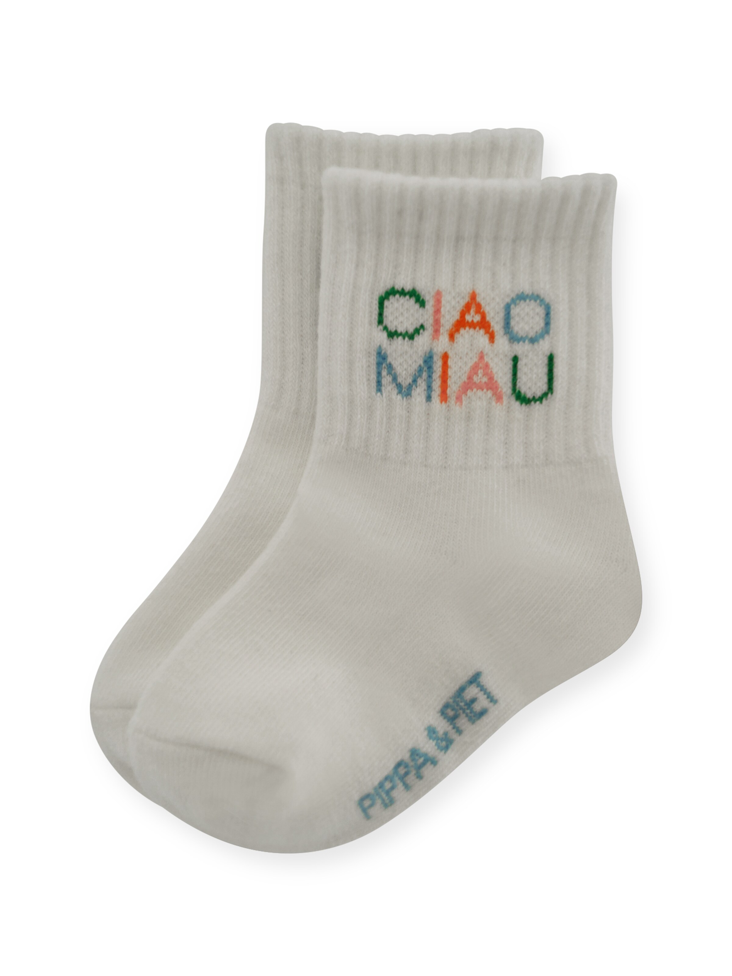 Pippa & Piet Socken 'Ciao Miau'‌‌ in Weiß: Vorderseite