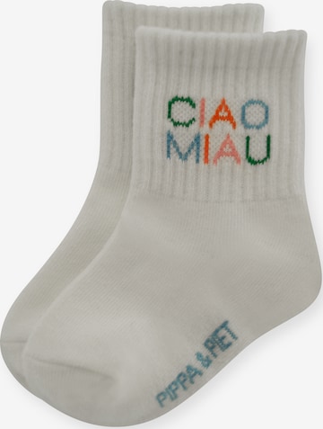 Pippa & Piet Socken 'Ciao Miau' in Weiß: Vorderseite