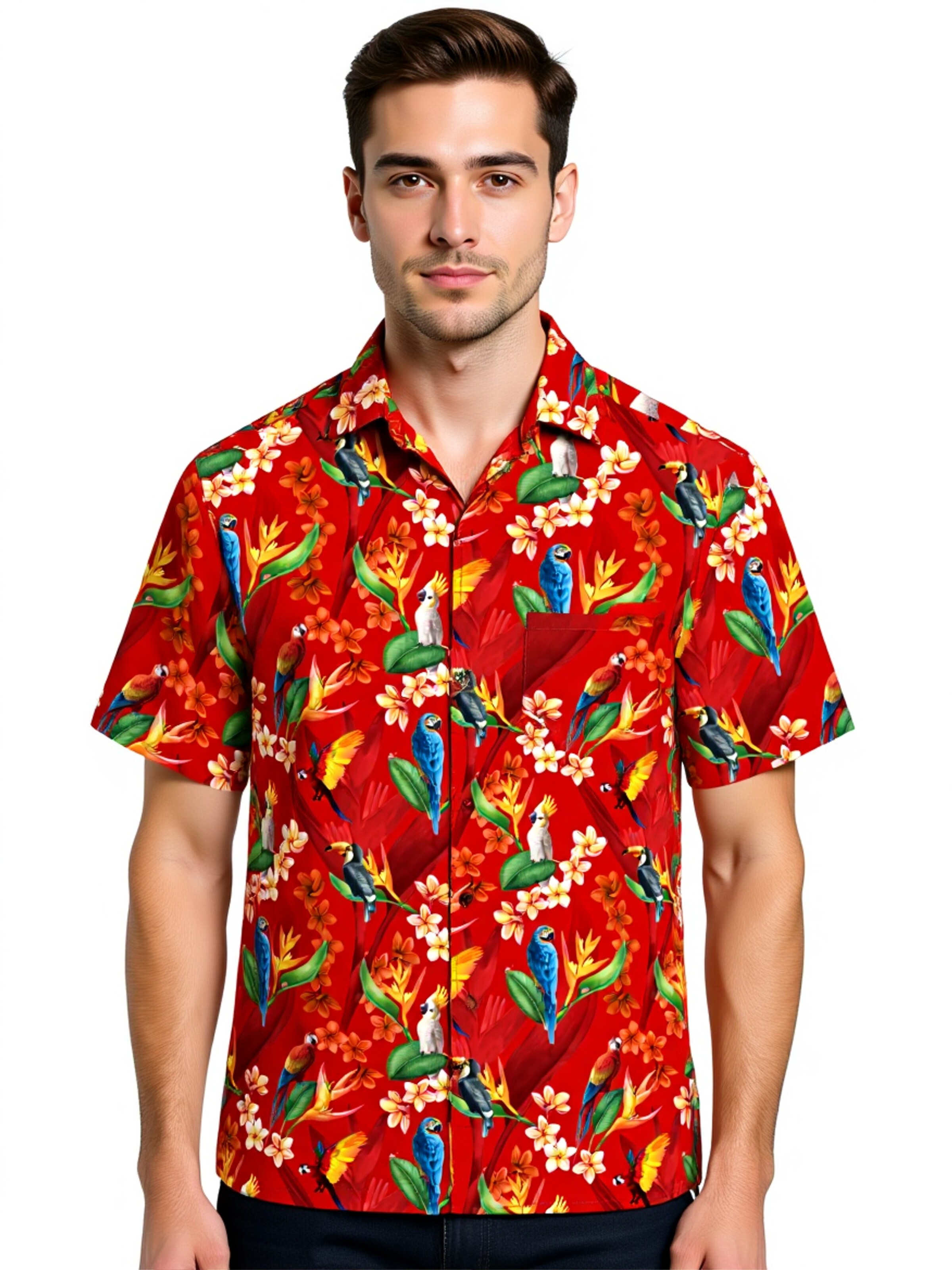 Coupe regular Chemise 'Flower Parrots' Hawaiihemdshop.de en rouge