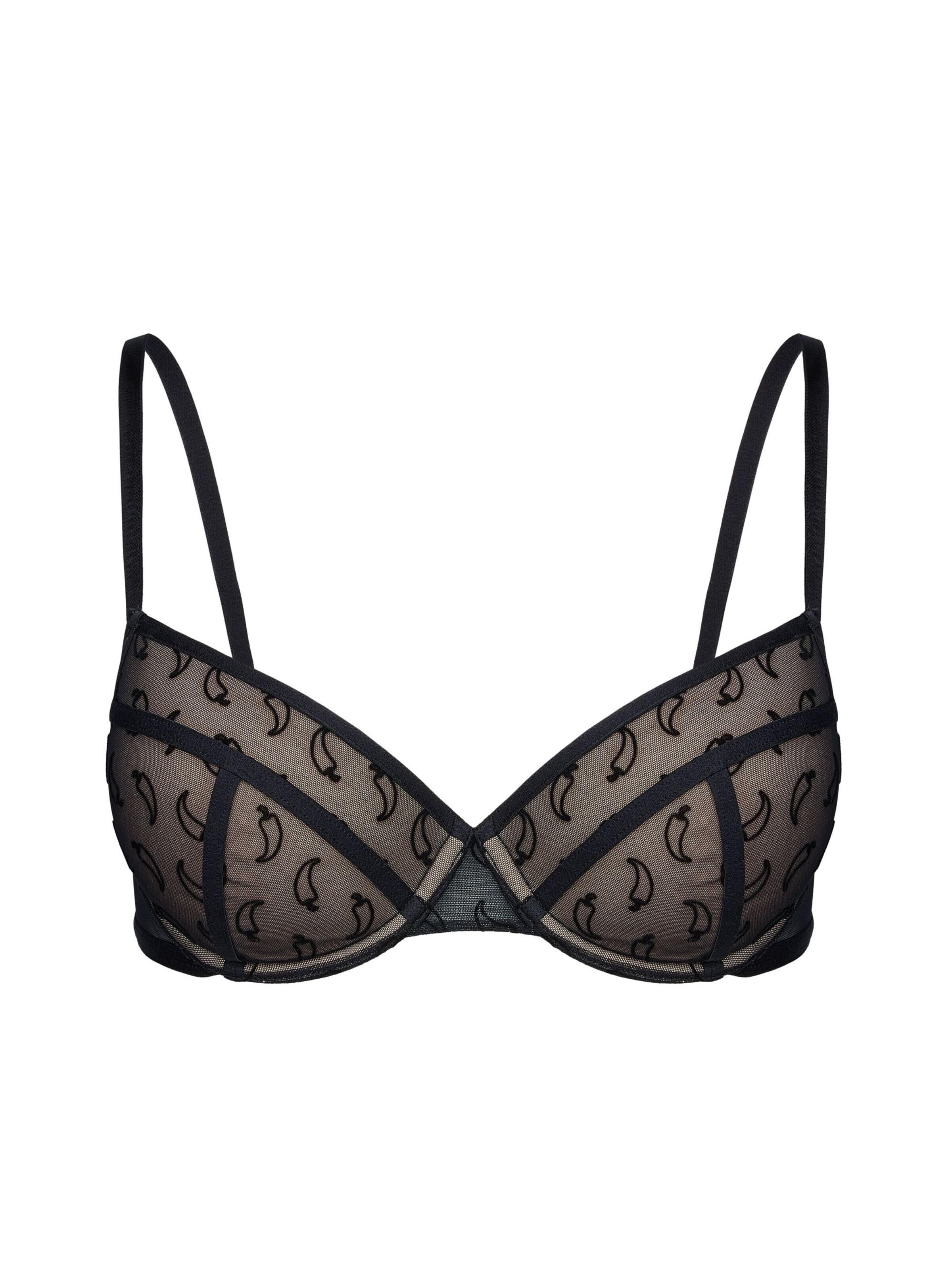 Push-up Reggiseno 'Push-up-BH Too Hot, Mesh mit Samt-Chili-Motiv, Cut-out-Details' di ESOTIQ in nero: frontale
