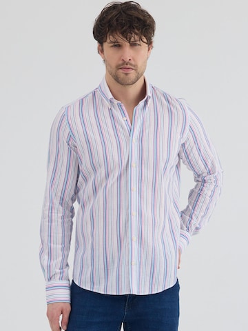 7Camicie Slim fit Zakelijk overhemd 'Leonardo Linen Man Shirt White Green' in Wit