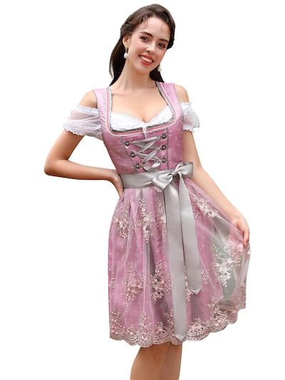 KoJooin Dirndl 'Damen Dirndl 3-teiliges Set,Blumenmuster Jacquard Spitzen Schürze Kleid, Bayerisches Oktoberfest' in 34 in Pink, Item view