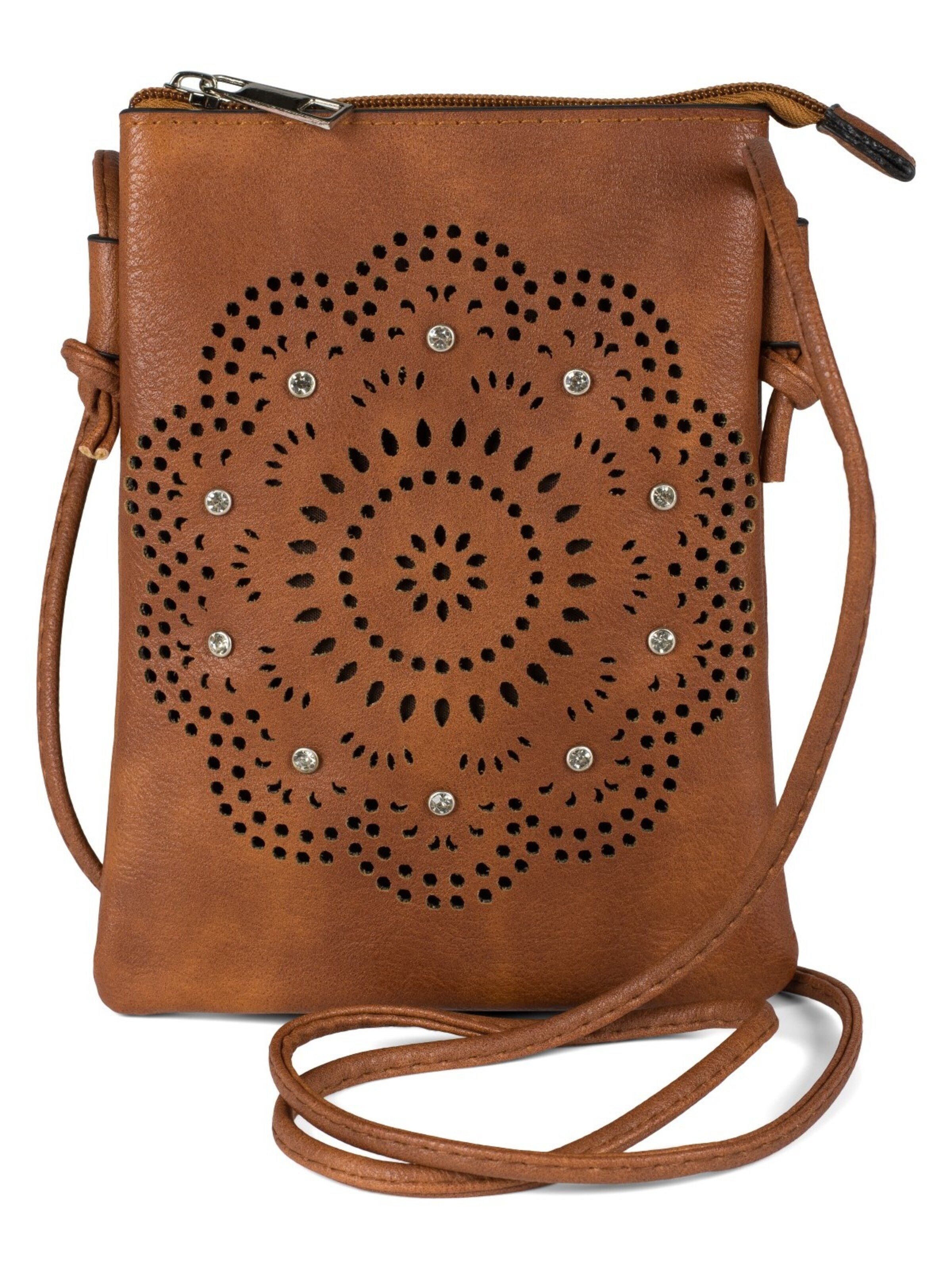 styleBREAKER Umhängetasche 'Mini Umhängetasche Blumen Cutout und Strass'‌‌‌‌‌‌‌ in Braun: Vorderseite