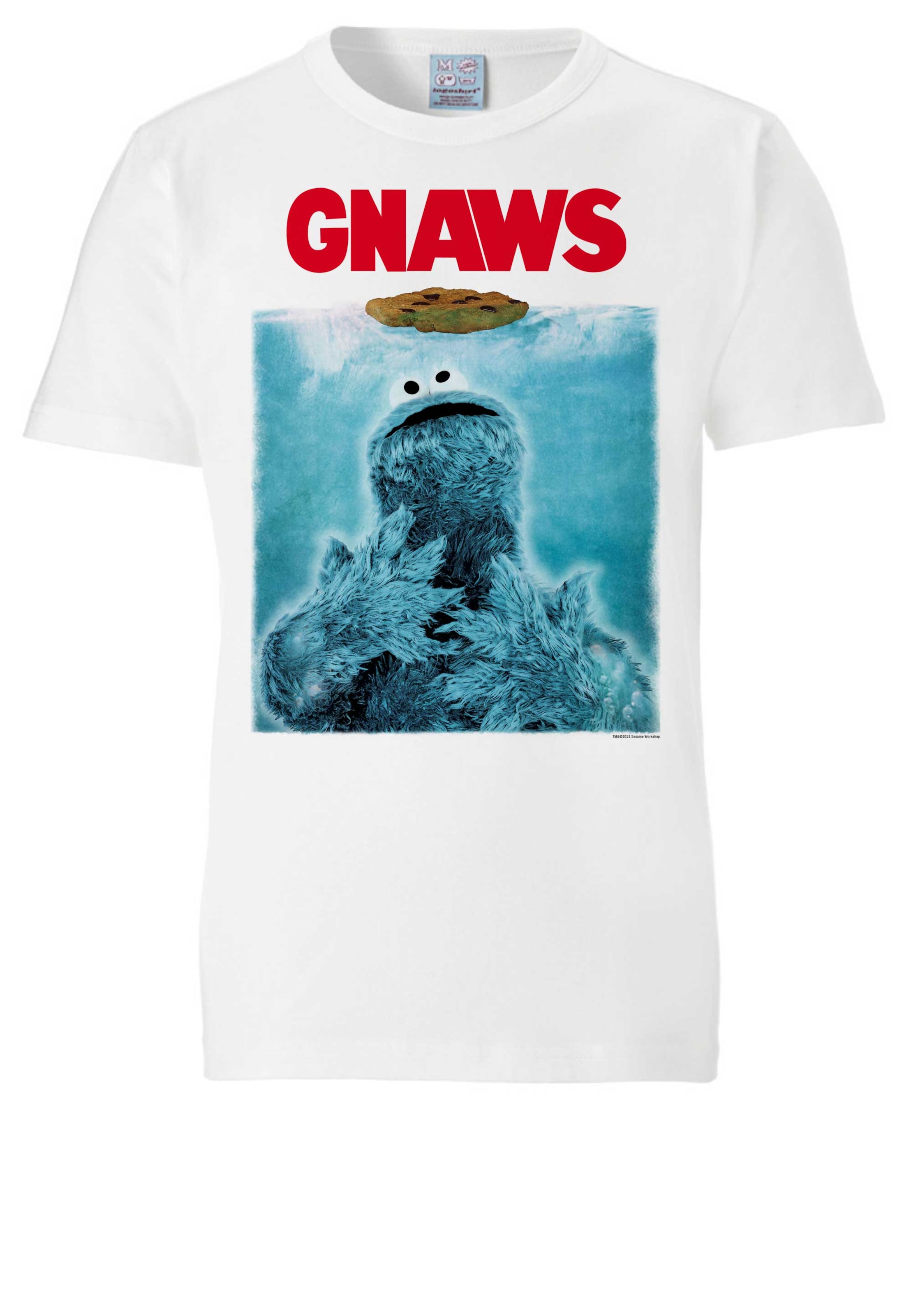 LOGOSHIRT Shirt 'Sesamstrasse Krümelmonster - Gnaws' in Wit: voorkant