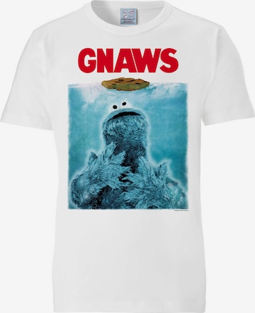 LOGOSHIRT Shirt 'Sesamstrasse Krümelmonster - Gnaws' in Wit: voorkant