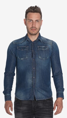 Le Temps Des Cerises Regular fit Overhemd 'JUANITO' in Blauw: voorkant