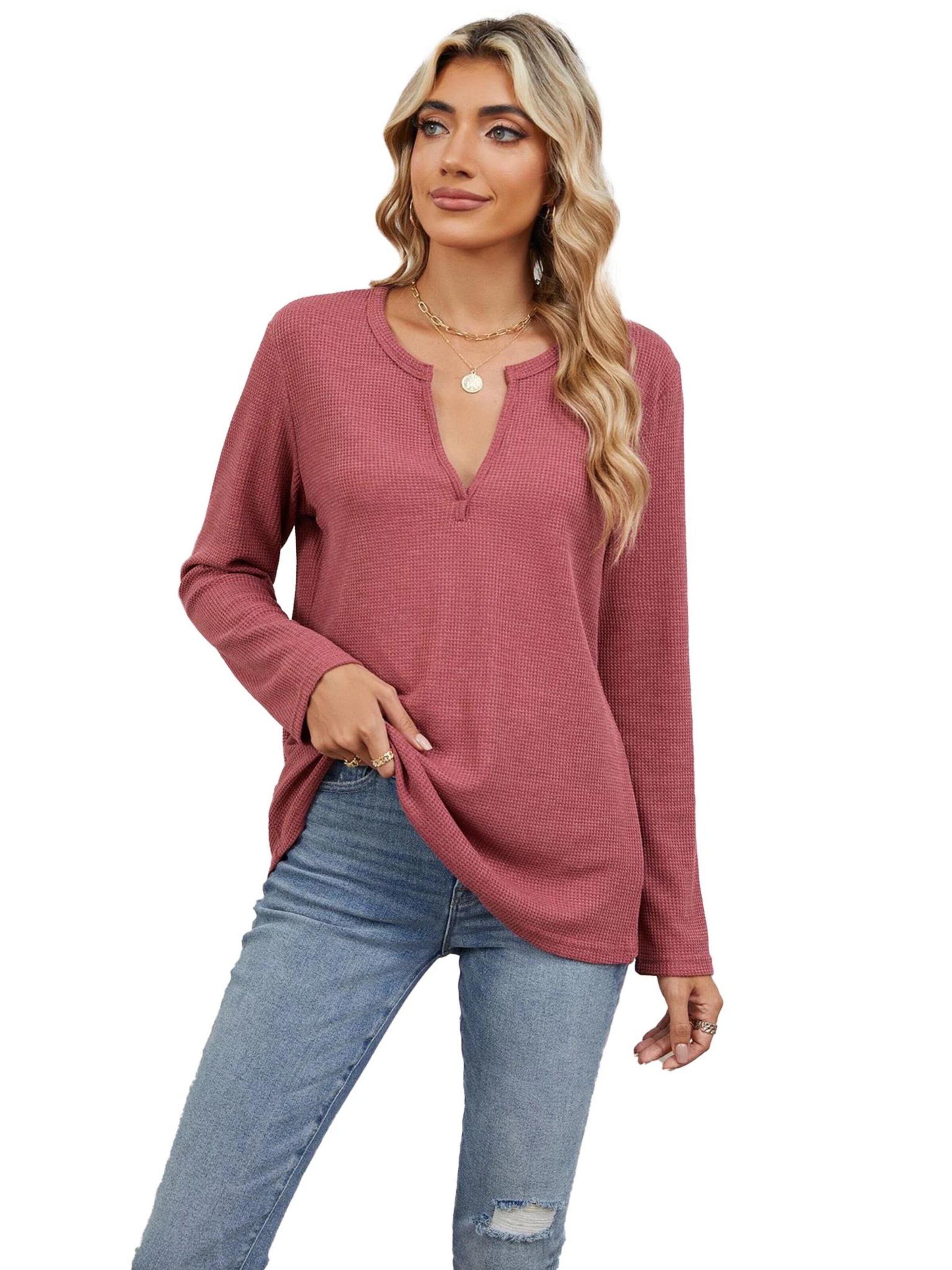 KoJooin Bluse 'Damen Lockeres V-Ausschnitt T-Shirt, langärmlig, unifarben Bequemes Basic für Freizeit,Alltag'‌‌‌‌‌‌‌‌‌‌ in Rot