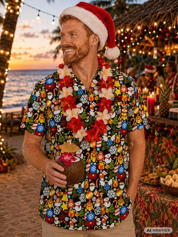 King Kameha Regular fit Button Up Shirt 'Christmas Allover' in Black