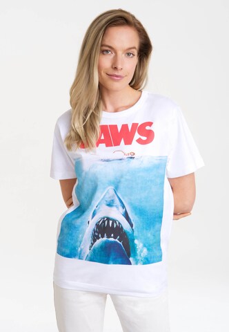 LOGOSHIRT Shirt 'Jaws - Der weisse Hai' in Wit: voorkant