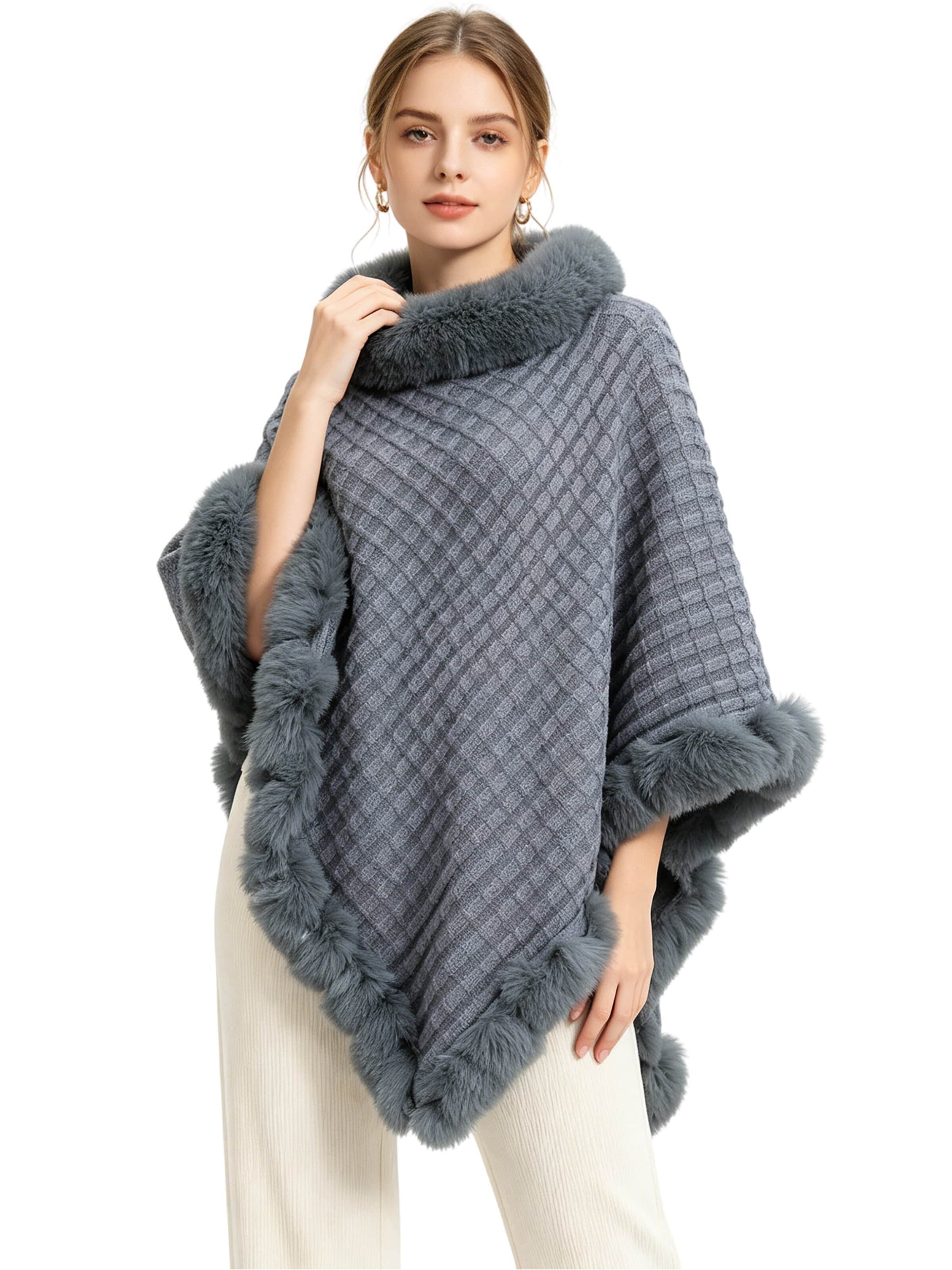 Magicshe Cape 'Winter Poncho Strick mit Kunstfell' in Grey: front