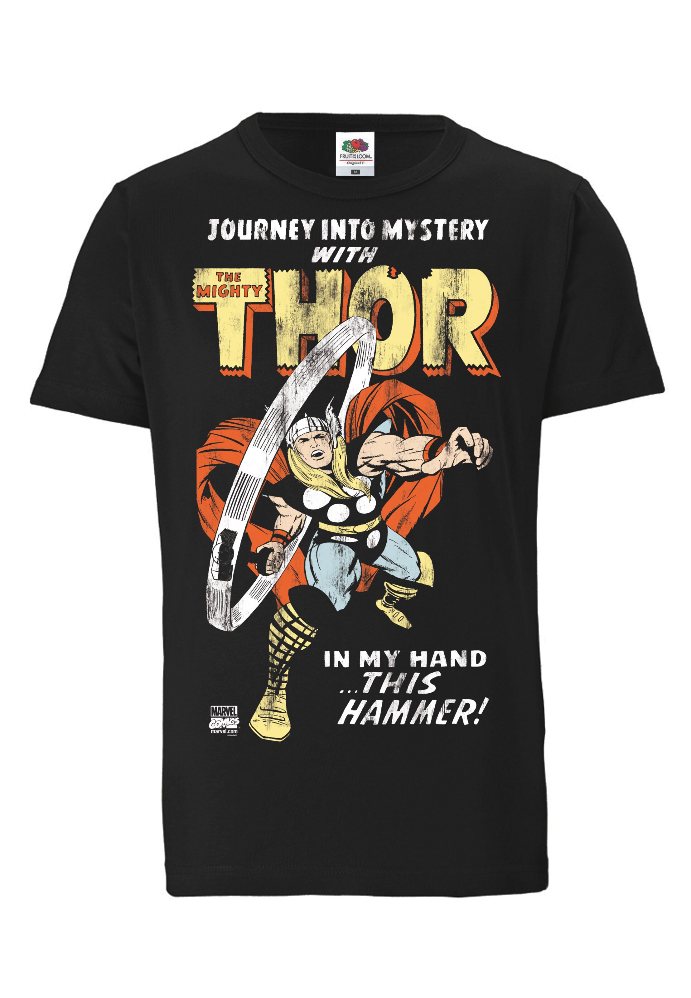 LOGOSHIRT Shirt 'Marvel Comics - Thor, Journey' in Zwart: voorkant