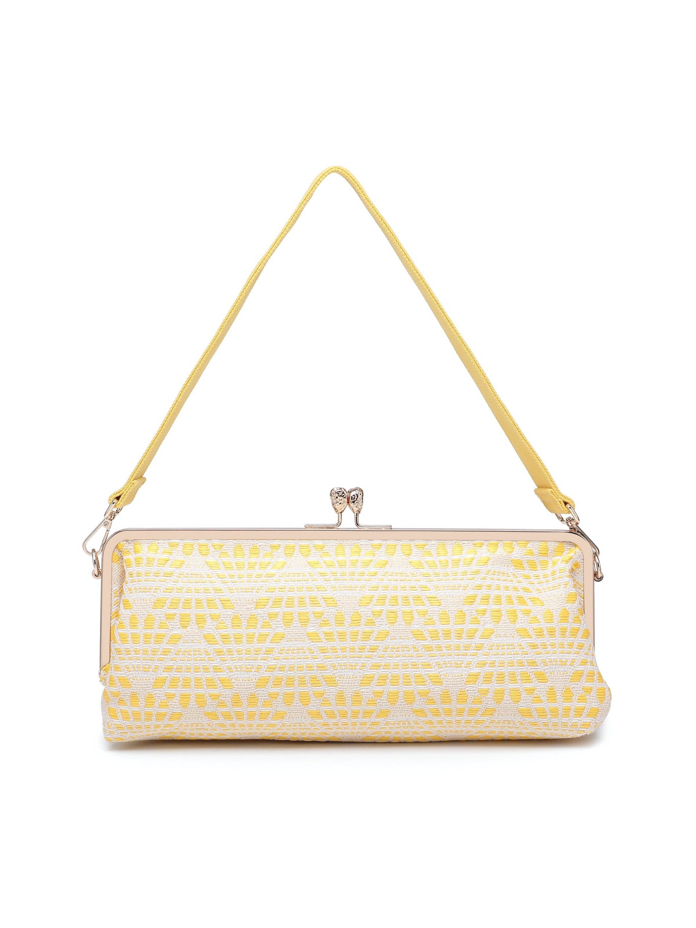 Borsa a mano 'Borsa a mano Kassandra Orlanda Plus - Chiusura fibbia, tessuto jacquard geometrico' di Kassandra in giallo: frontale
