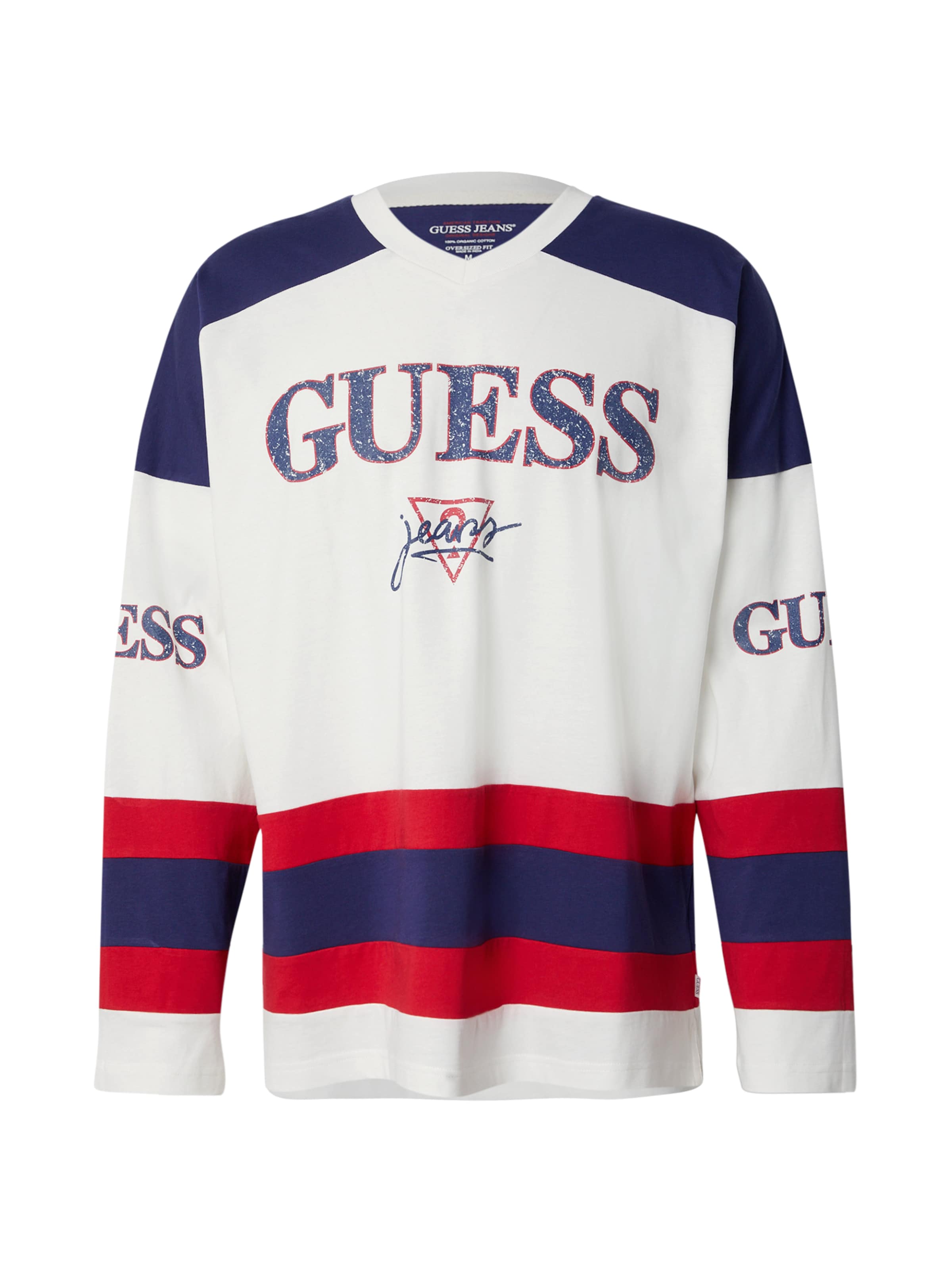 GUESS JEANS Μπλουζάκι 'Hockey' σε λευκό: μπροστά