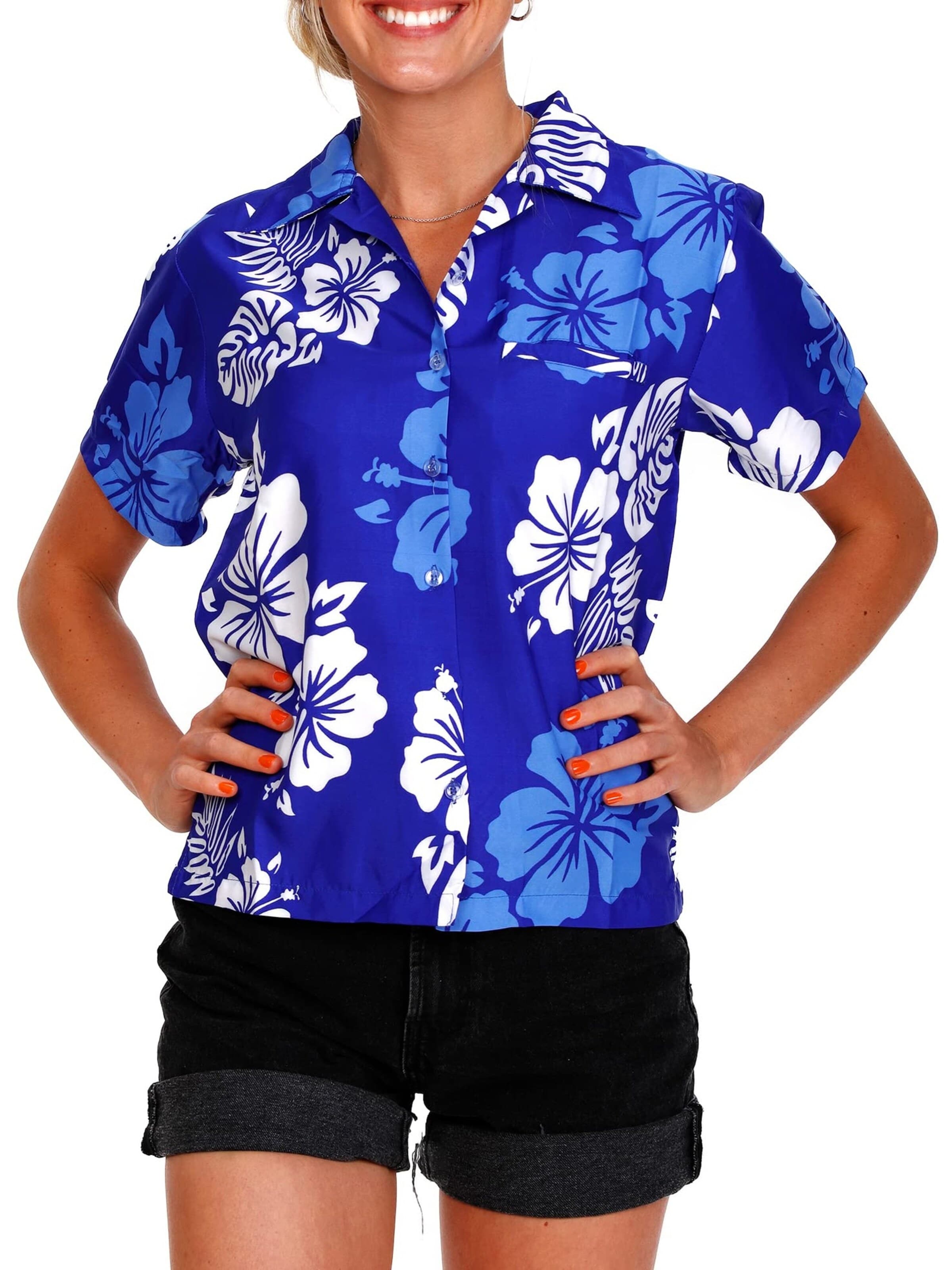 Camicia da donna 'Mono Hibiscus' di King Kameha in blu: frontale