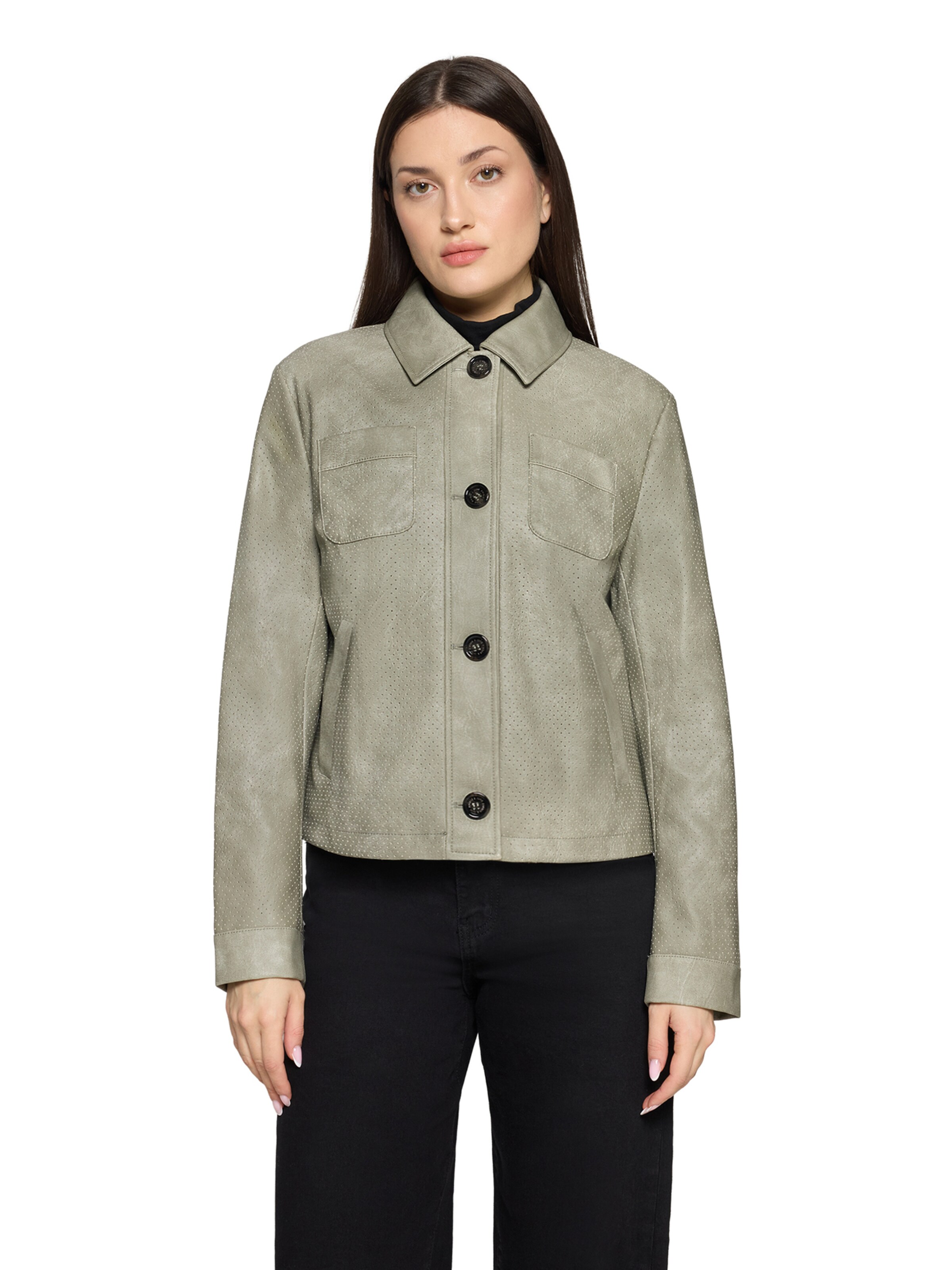 Amber & June Between-Season Jacket in Green: front