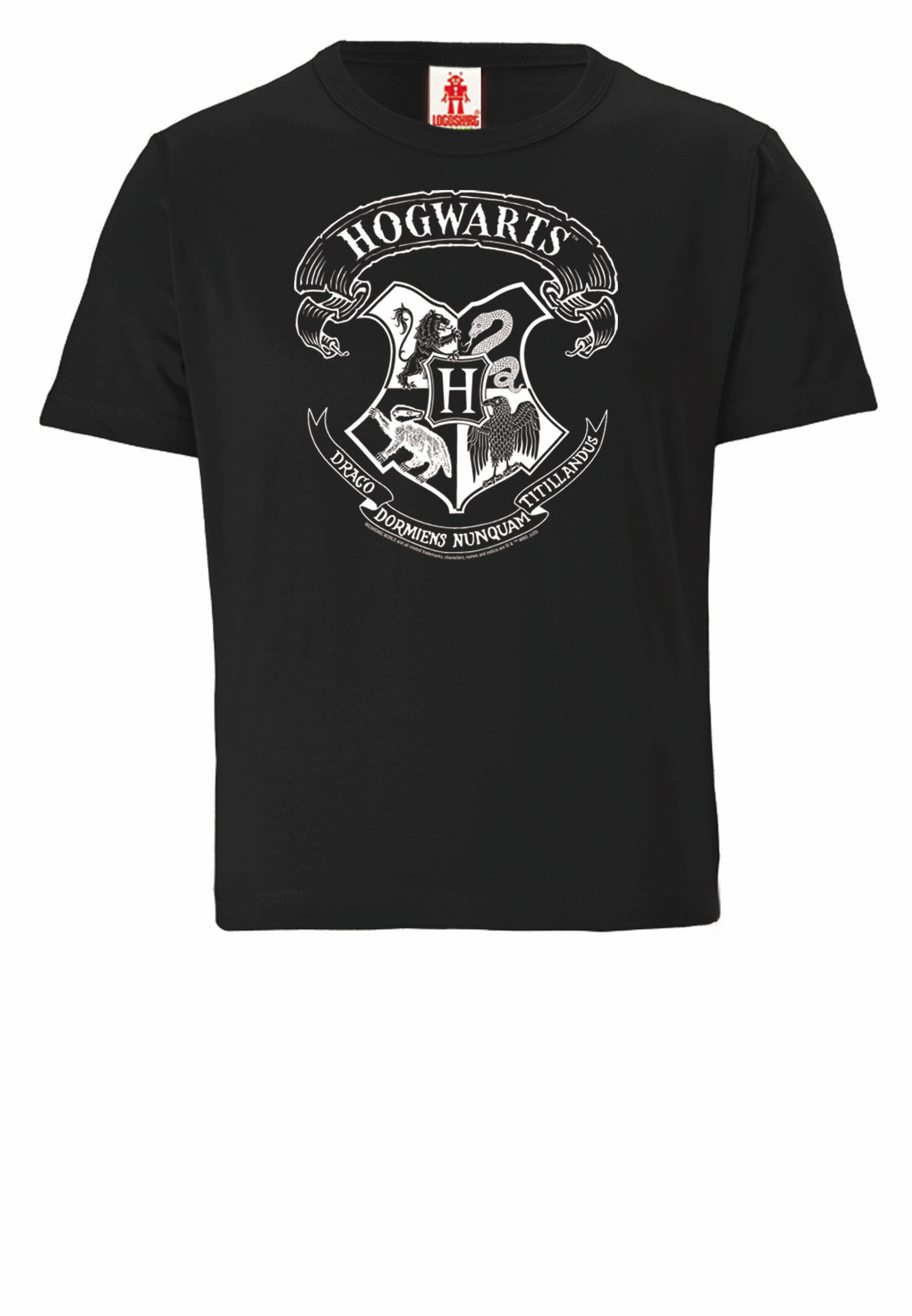 LOGOSHIRT T-Shirt 'Harry Potter – Hogwarts Logo' in Schwarz: Vorderseite