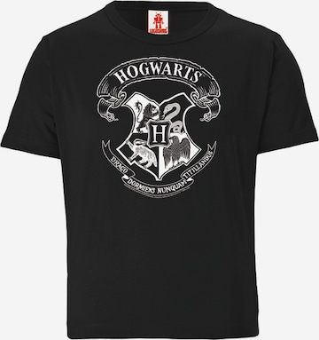 LOGOSHIRT Shirt 'Harry Potter – Hogwarts Logo' in Zwart: voorkant