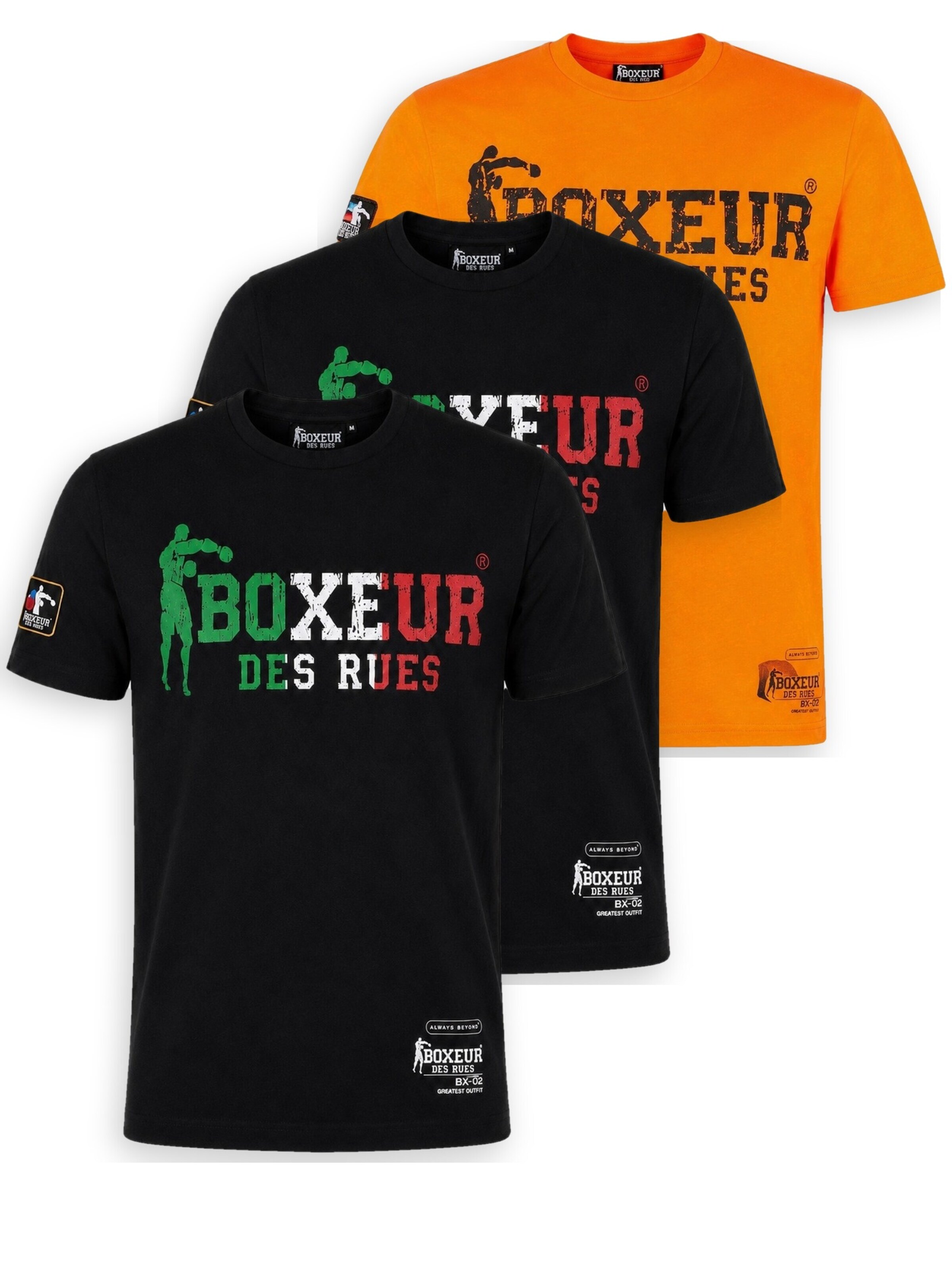 Boxeur des Rues - Camiseta 'Herren T-Shirt 3er-Pack Boxeur des Rues Slim Fit: 2 x Schwarz, Dreifarbiges Logo + Orange, Schwarzes Logo' en Mezcla de colores: frente