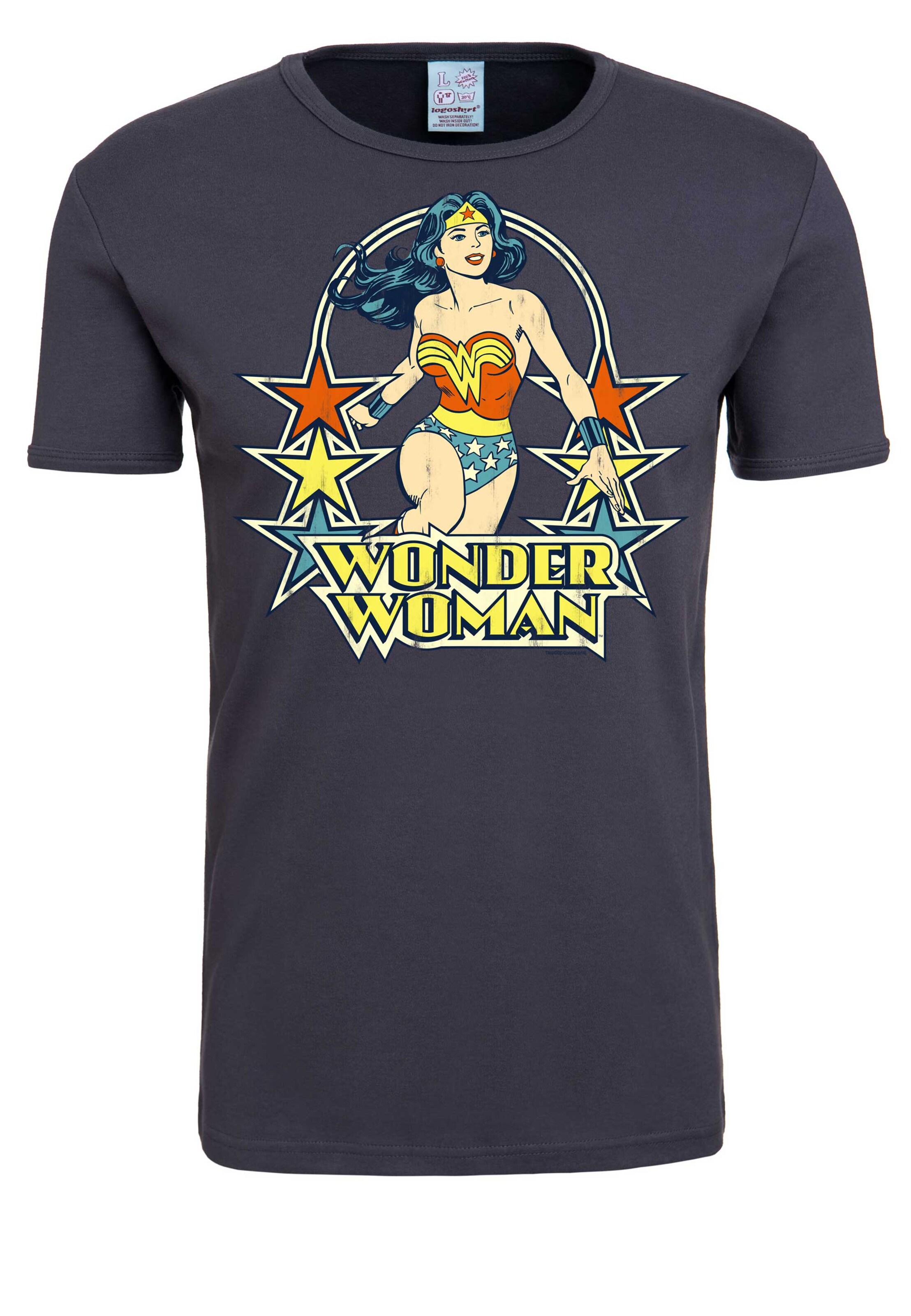 LOGOSHIRT Shirt 'Wonder Woman – Stars' in Blauw: voorkant