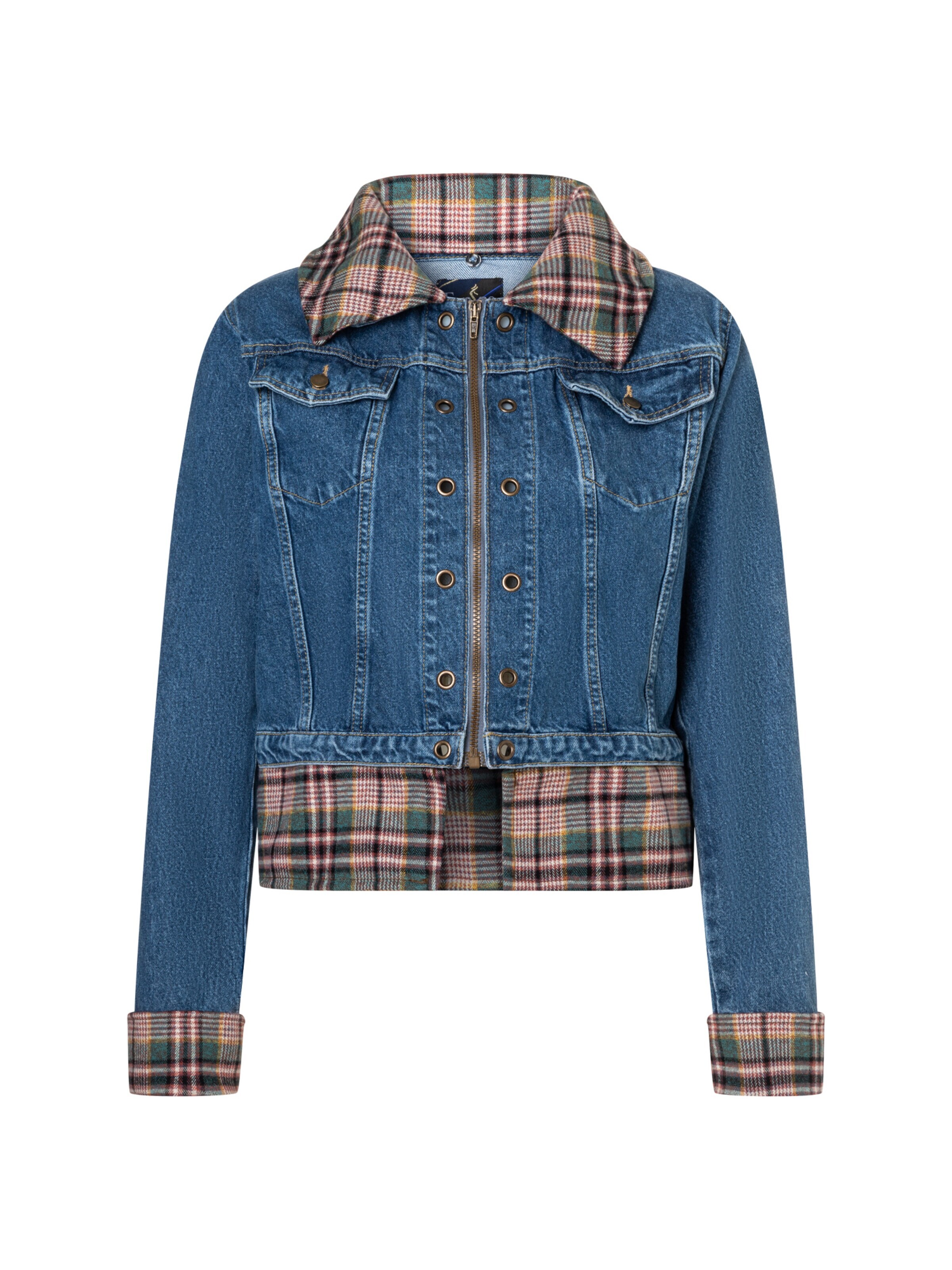 Fenice Between-Season Jacket 'Urban Plaid Denim' in Green: front