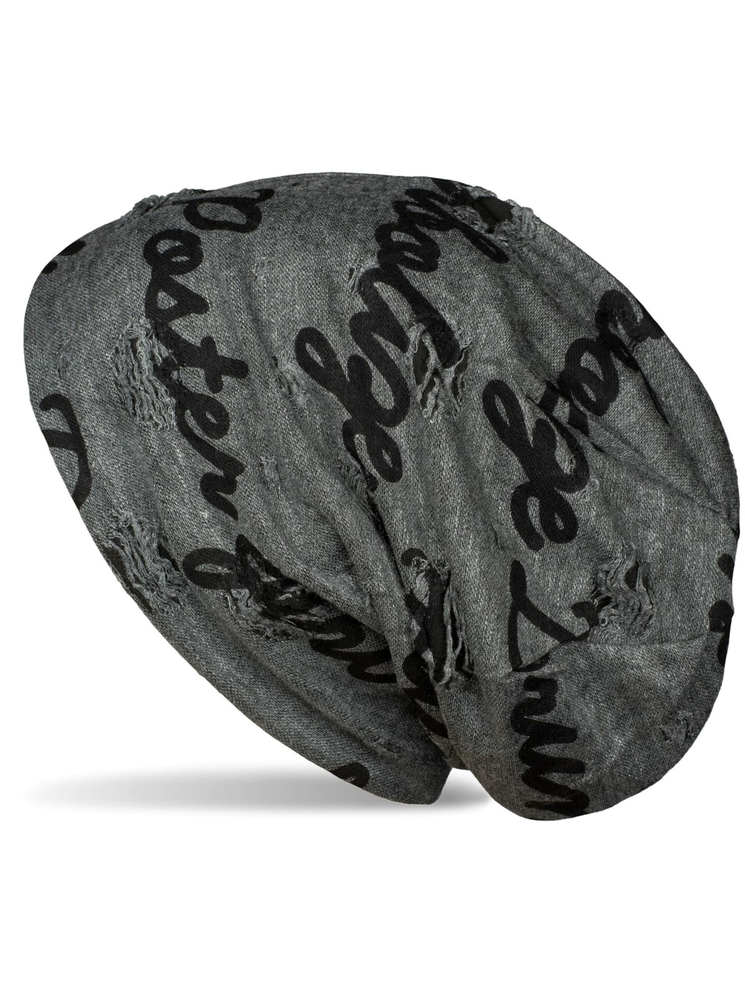 styleBREAKER Mütze 'Beanie mit Sprüche Print und Rissen'‌‌‌‌‌‌ in Grau: Vorderseite