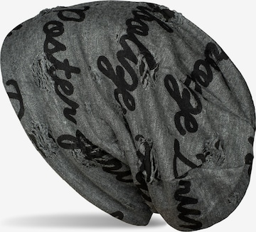 styleBREAKER Mütze 'Beanie mit Sprüche Print und Rissen' in Grau: Vorderseite