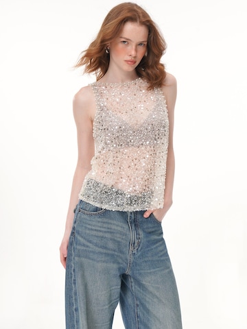 Camicia da donna 'All Over Sequin Rhinestone Mesh Sleeveless Top, Crew Neck Sheer Loose Fit Beaded Vest' di yoligex in bianco