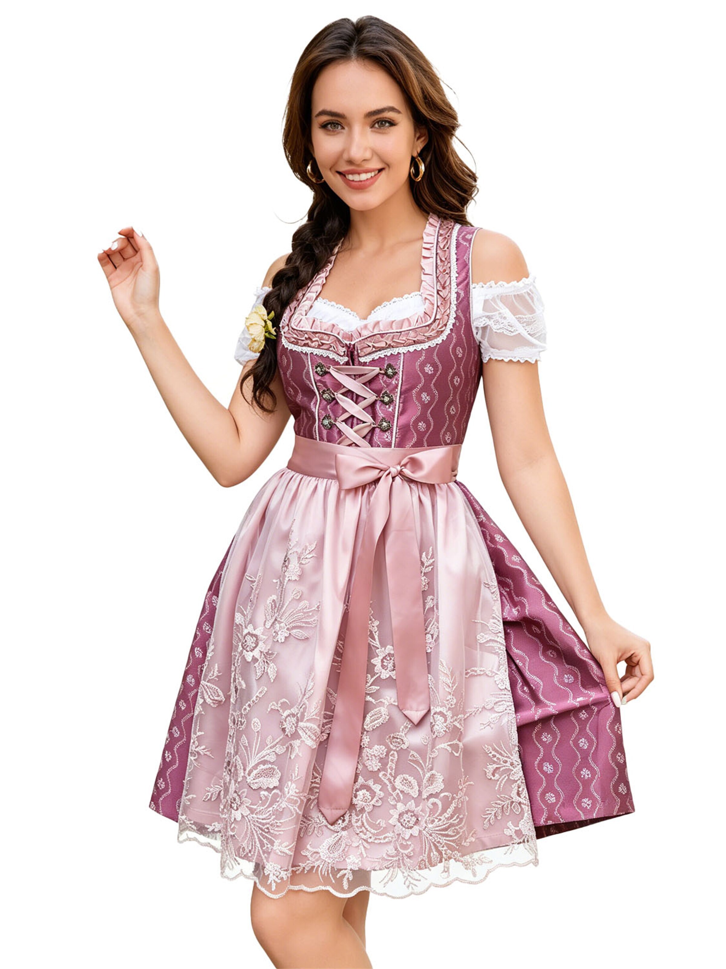 KoJooin Dirndl 'Damen 3tlg. Dirndl fuchsia Wasserwellenprint Spitzenbluse, Trägerkleid, Schürze fürs Oktoberfest' w kolorze różowy: przód