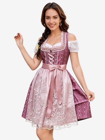 KoJooin Dirndl 'Damen 3tlg. Dirndl fuchsia Wasserwellenprint Spitzenbluse, Trägerkleid, Schürze fürs Oktoberfest' w kolorze różowy: przód