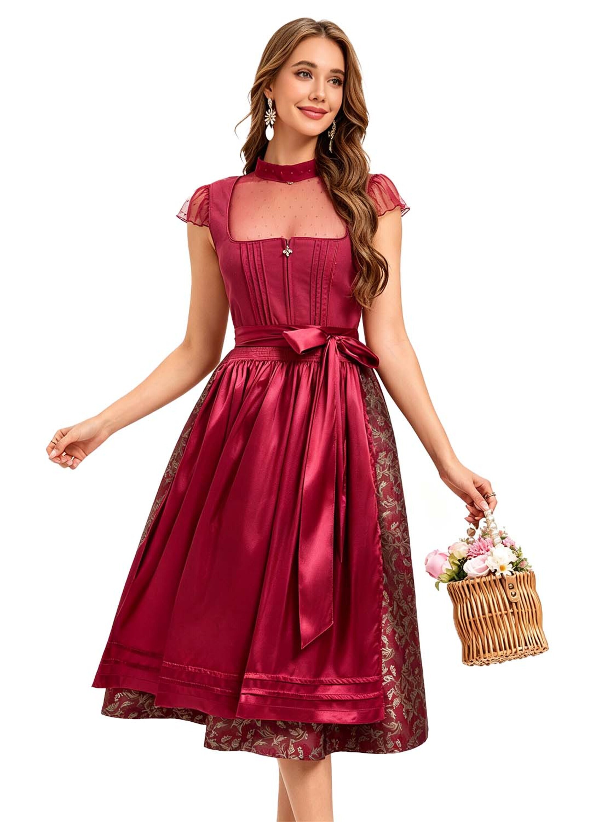 KoJooin Dirndl 'Damen Trachten-Set Baumwoll Dirndlkleid mit Jacquard,Satin-Schürze und Spitzenshirt mit Pünktchen' w kolorze czerwony