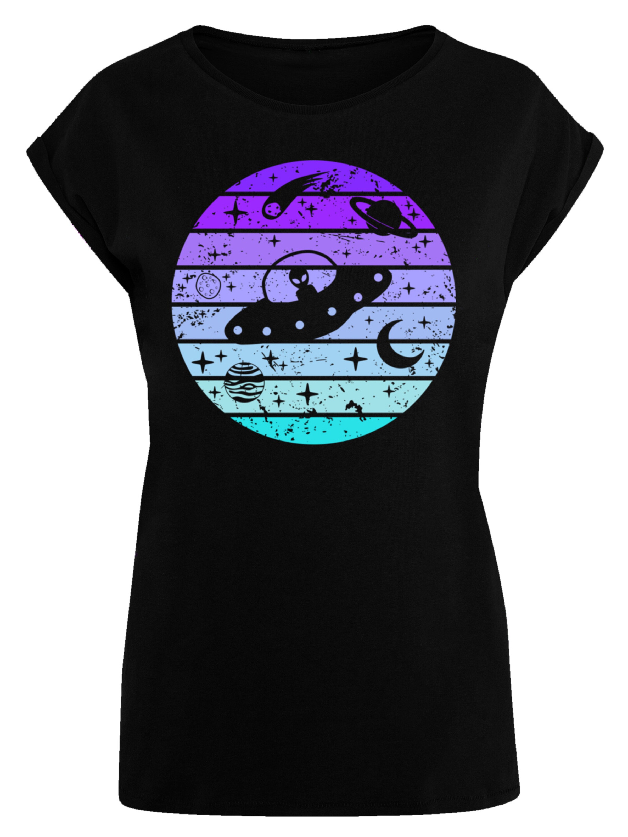 F4NT4STIC T-Shirt 'Retro Alien Weltraum Sonnenuntergang' in Schwarz: Vorderseite