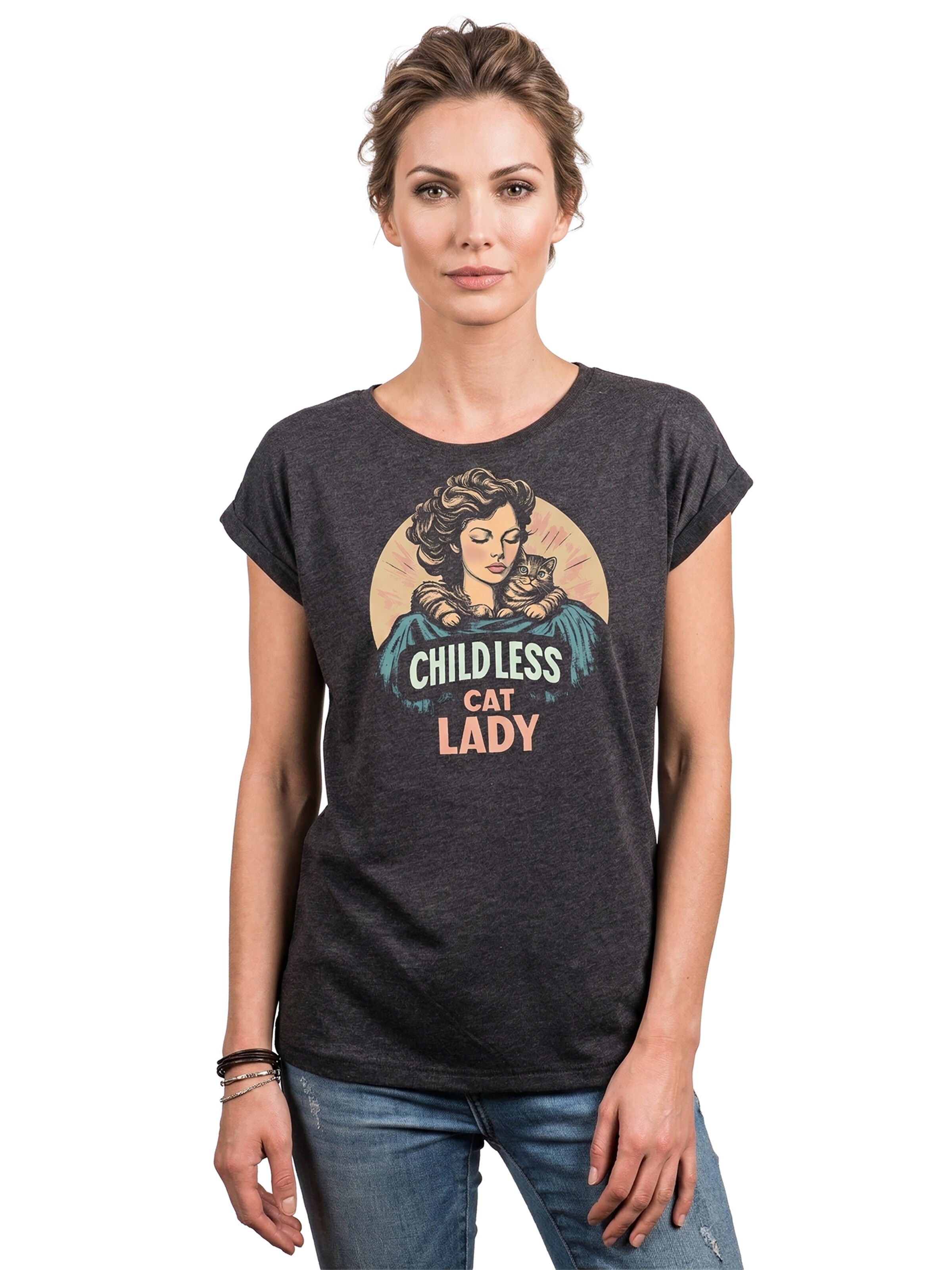 MAKAYA Shirt 'Childless Cat Lady' in Grey: front