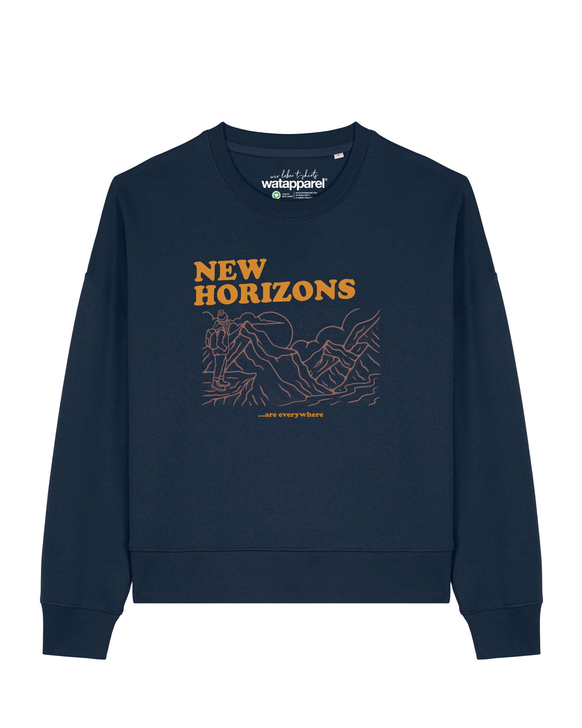 Watapparel Sweatshirt 'New horizons are everywhere ' in Blauw: voorkant