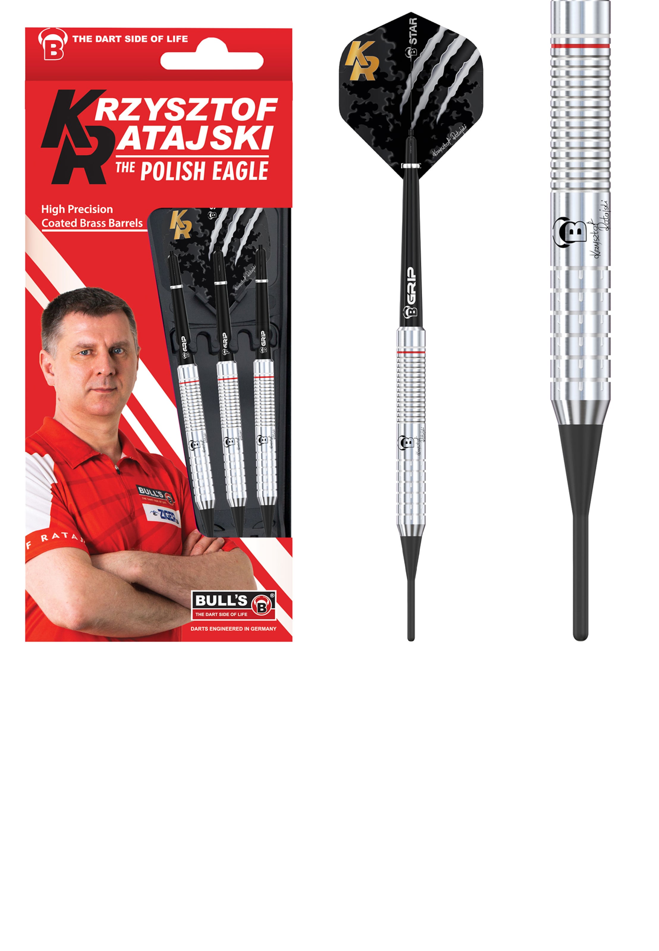 BULL'S Softdarts ' Krzysztof Ratajski Brass Silver Dartpfeile Darts-Set Anfänger 18 Gramm ' in Schwarz: Vorderseite