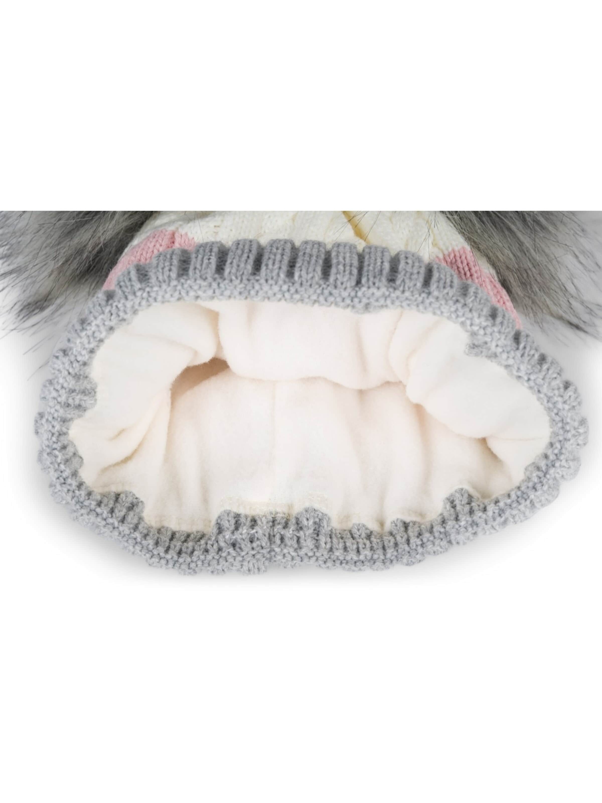 styleBREAKER Beanie 'Gestreifte Kinder Bommelmütze mit zwei Bommel' in Grey