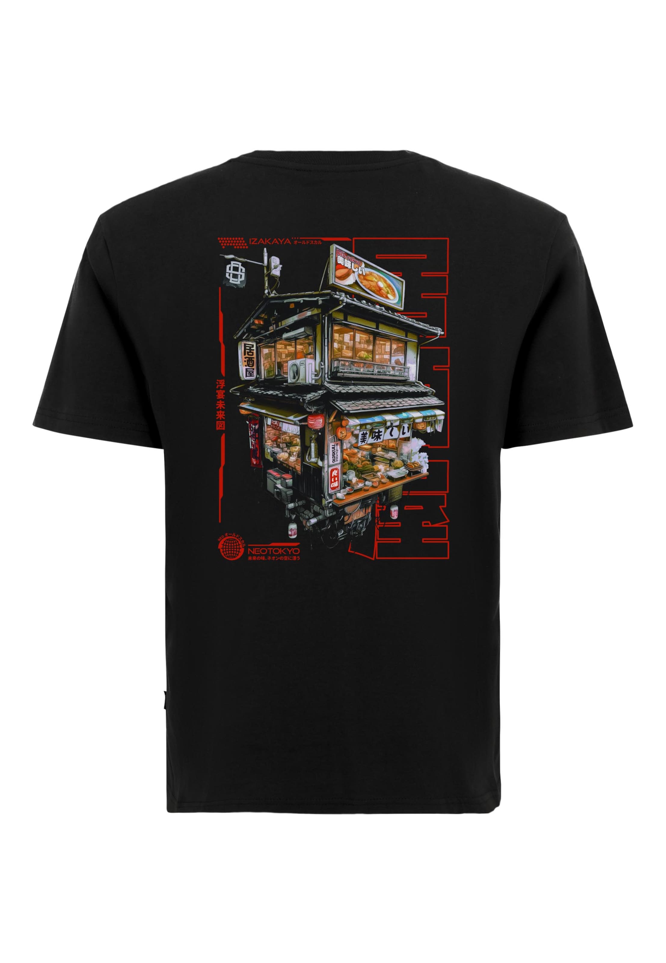 Oldskull Shirt 'Asian Neo Tokyo Floating Izakaya Graphic' in Black: front
