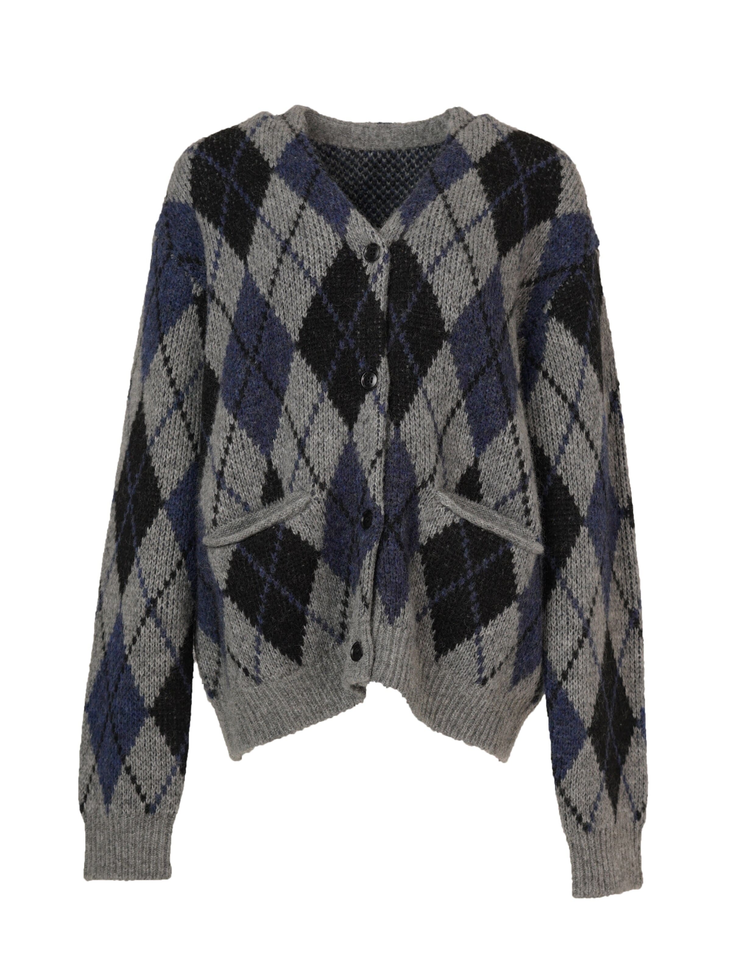 yoligex Knit cardigan 'YOLIGEX Strickjacke Argyle-Muster V-Ausschnitt mit Taschen' in Grey: front
