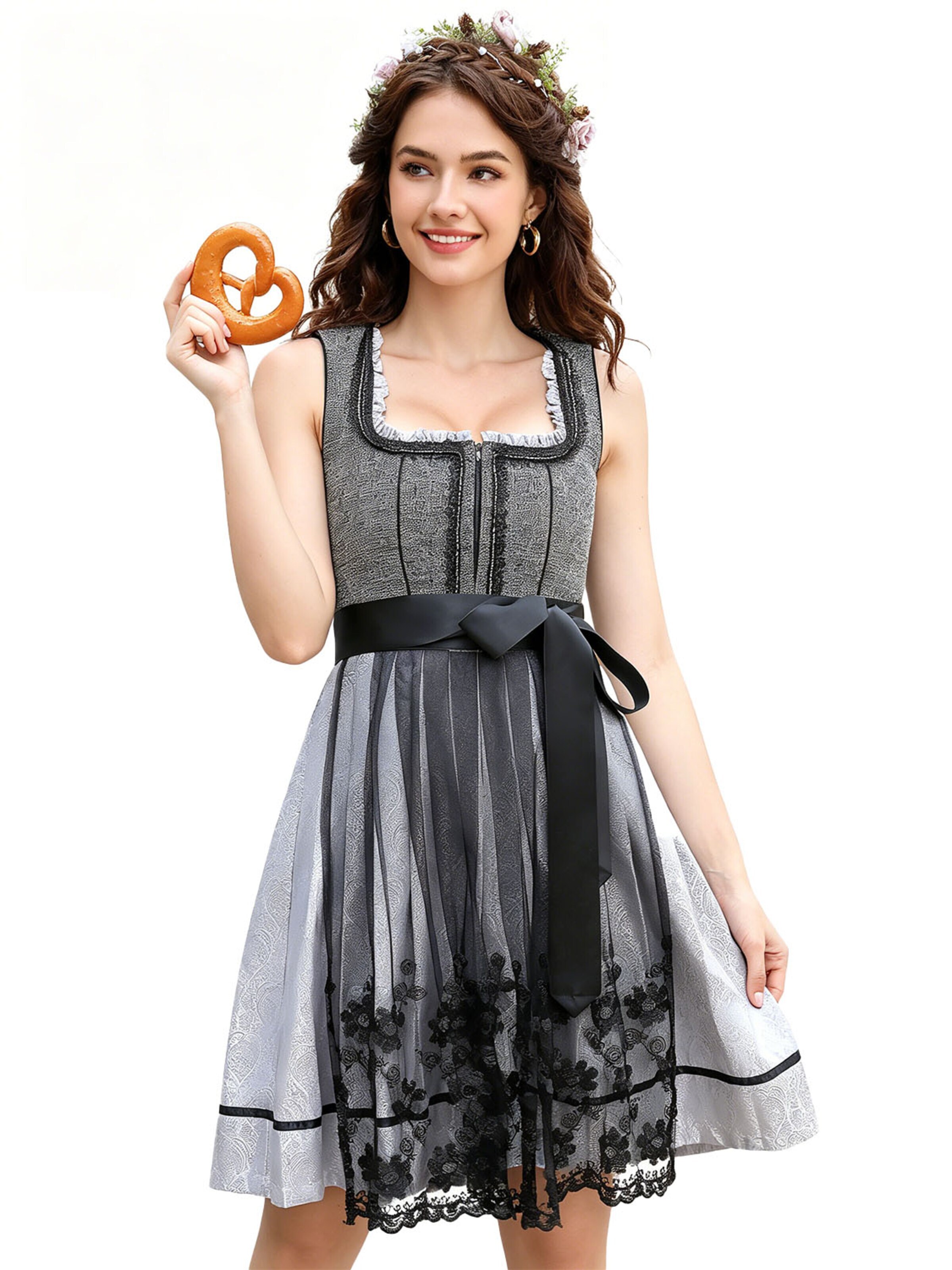 KoJooin Dirndl 'Damen 2‑teiliges Dirndl für Münchner Oktoberfest Schneeflocken‑Filz mit Spitzenbesatz am Kragen' w kolorze szary