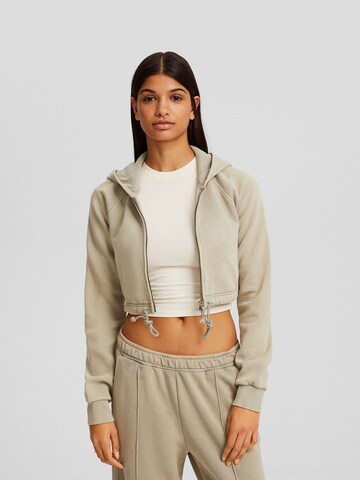 Bershka Zip-Up Hoodie in Beige: front