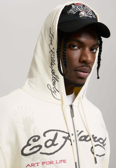 Ed Hardy Zip-Up Hoodie 'Art For Life' in Ecru / Blood red / Black, Item view