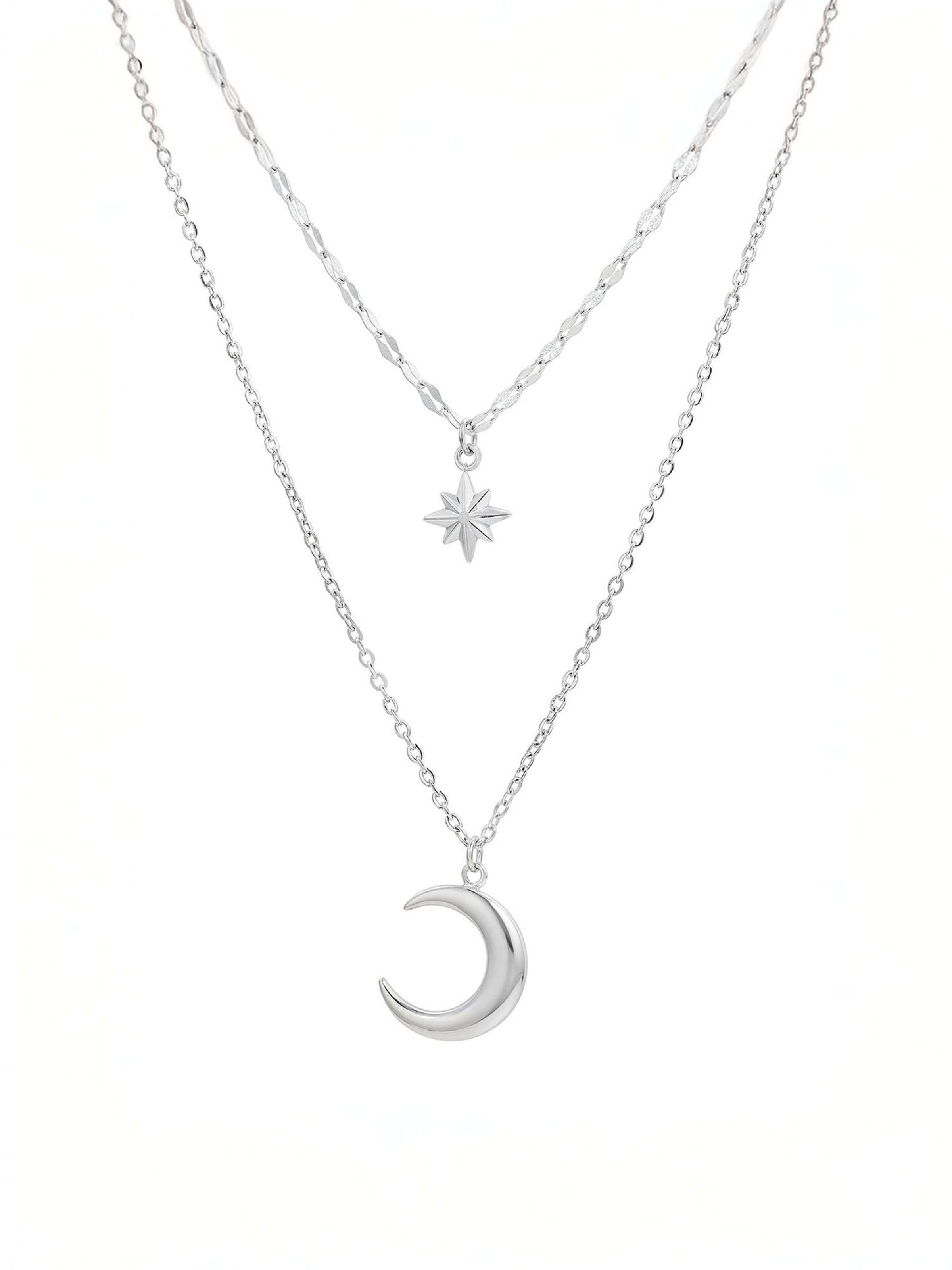 Nemomatheo Necklace 'Nachthimmel – Elegante Schichtkette mit Mond & Stern' in Silver