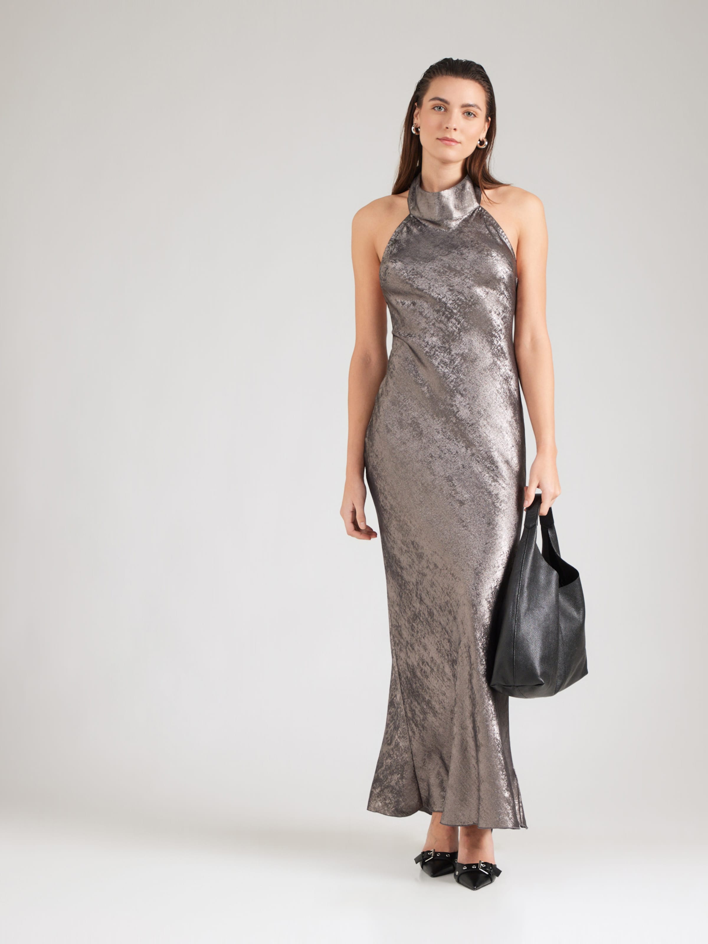 sachin and babi light blue dress Valeska Silver Foil Plunging Sheath Maxi Dress