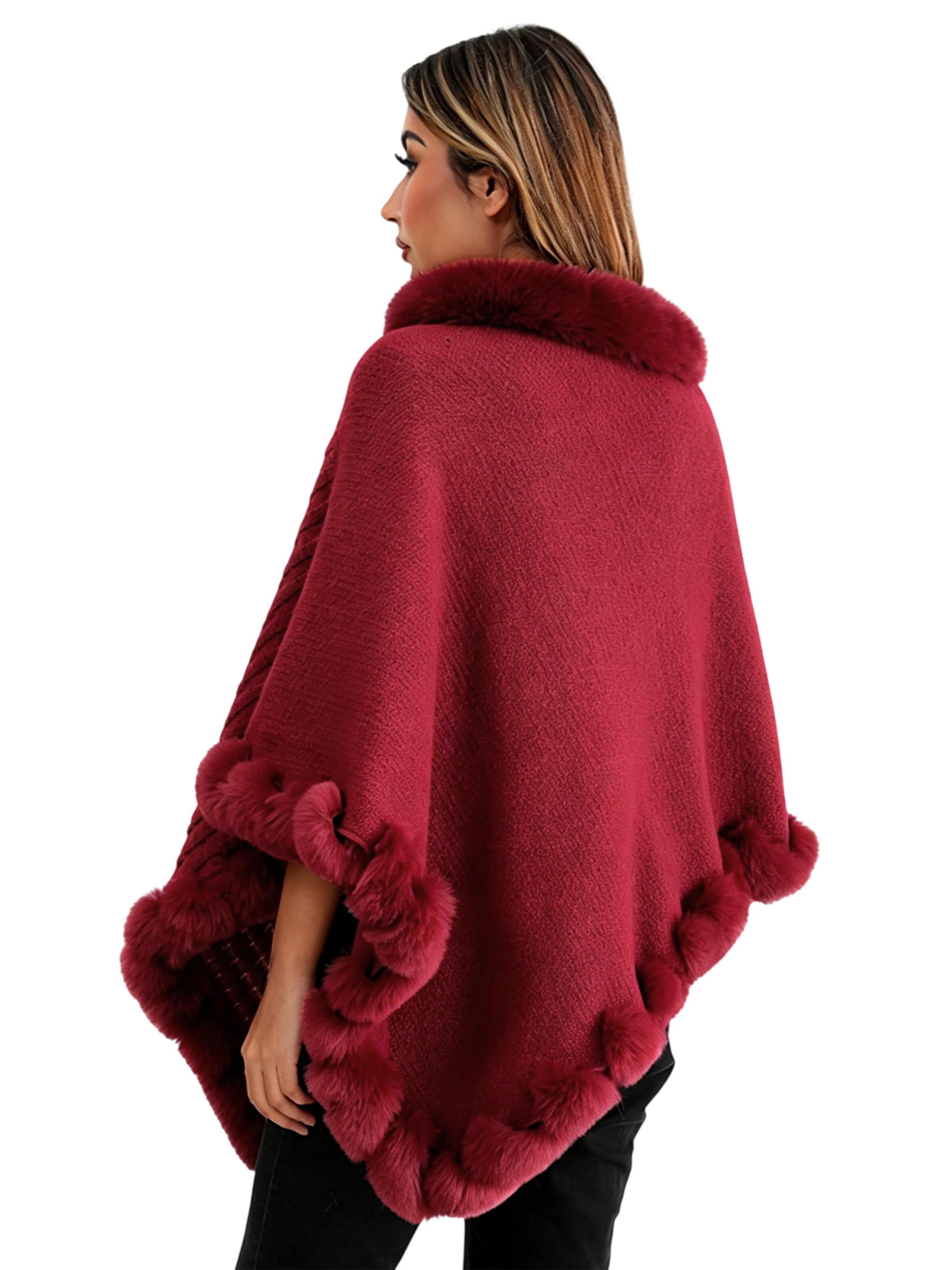 Magicshe Cape 'Winter Poncho Strick mit Kunstfell' in Red