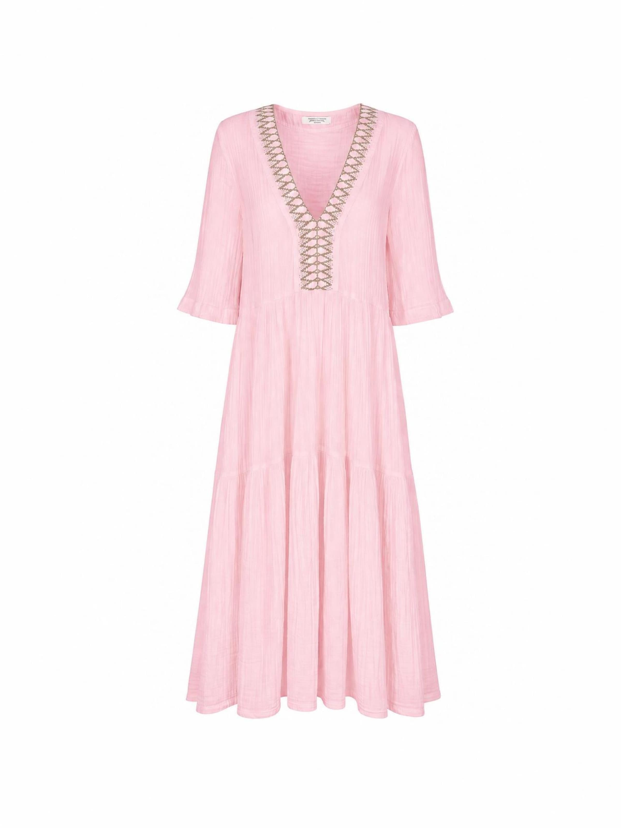 Haris Cotton Mekko 'Maxi Dress in Textured Cotton with Laced Trim V Neck' värissä vaaleanpunainen: etupuoli