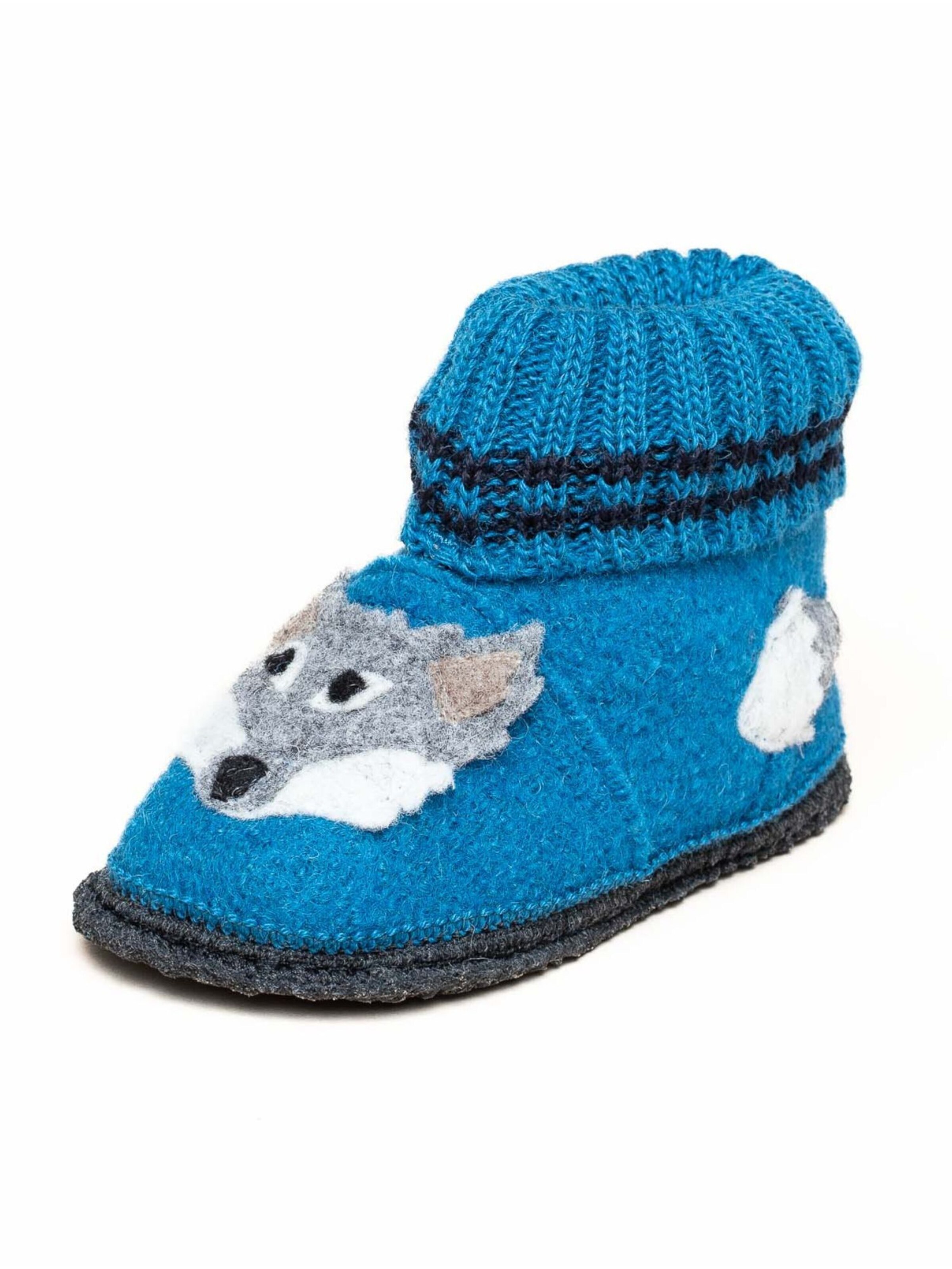 kitz-pichler Slippers 'Hüttenschuhe Schwaz Appl. Wolf' in Blue: front