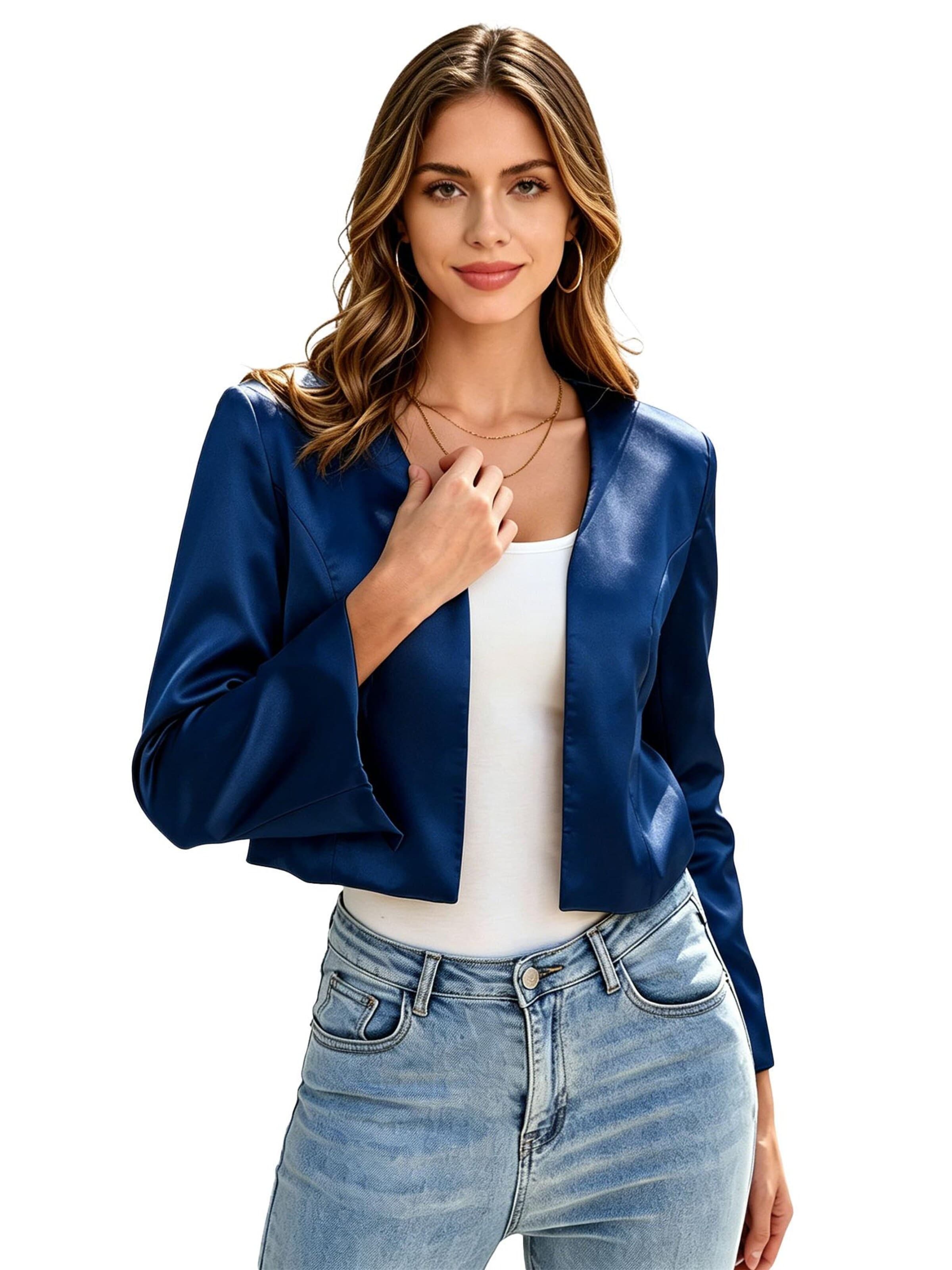 KoJooin Marynarka 'Satin-Cardigan für Damen, lange ärmel,vorne offen, kurz geschnitten,Bolero-Schulterjacke fürs Büro' w kolorze niebieski