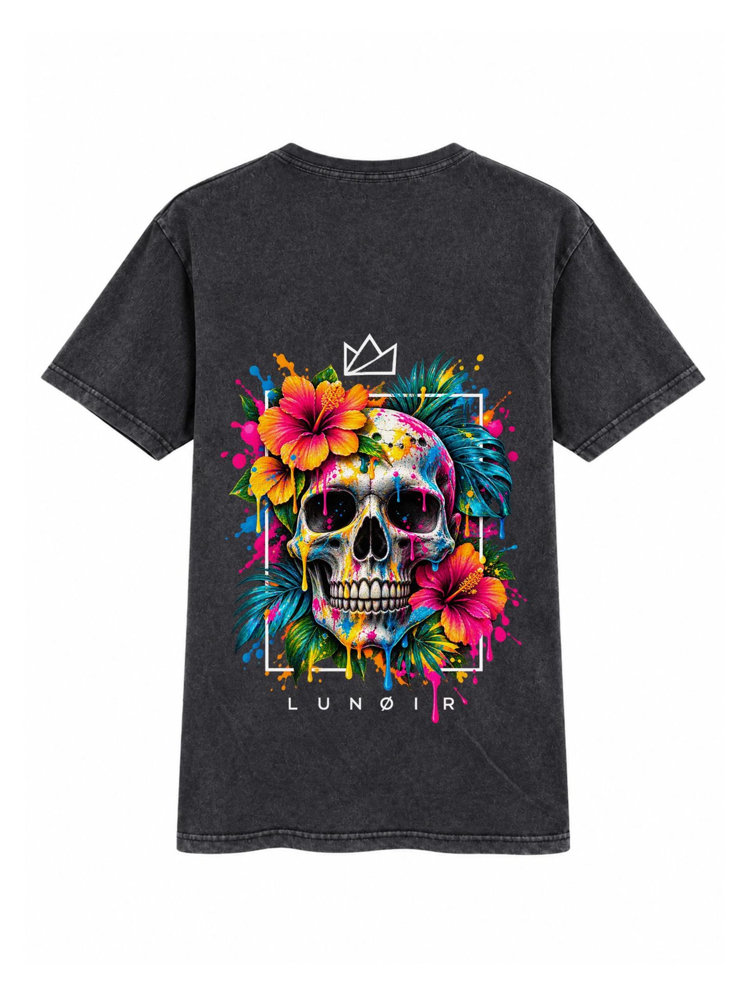 LUNØIR Studio Póló 'Tropical Riot – Bloom Skull' - fekete: elől
