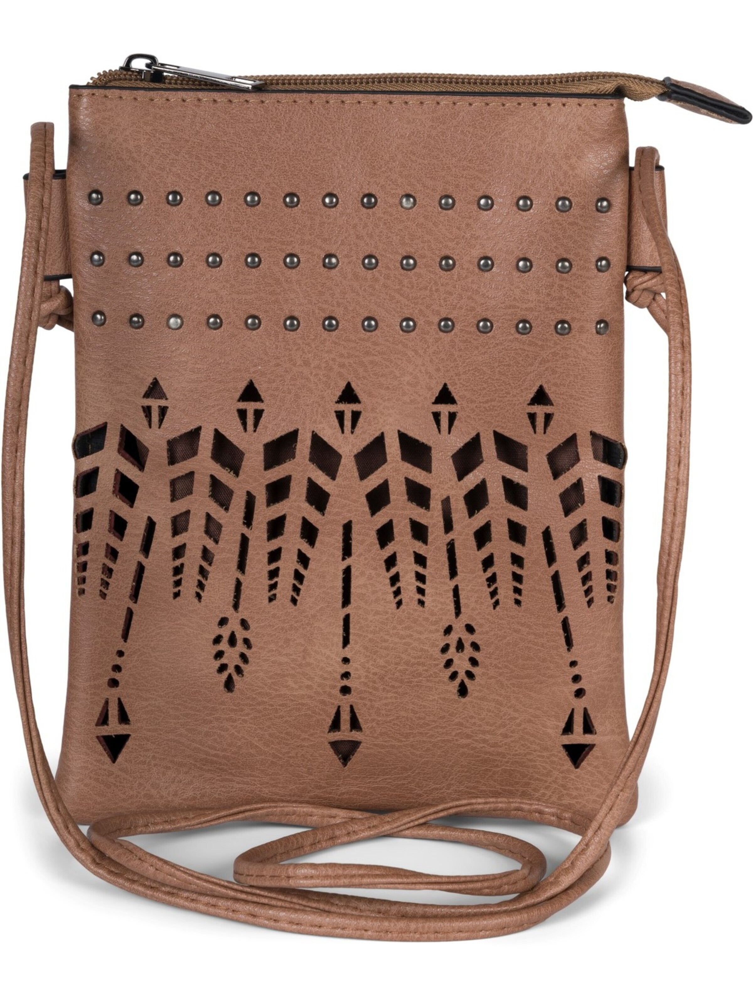 styleBREAKER Umhängetasche 'Mini Umhängetasche Ethno Cutout und Nieten'‌‌‌‌‌‌‌ in Braun: Vorderseite