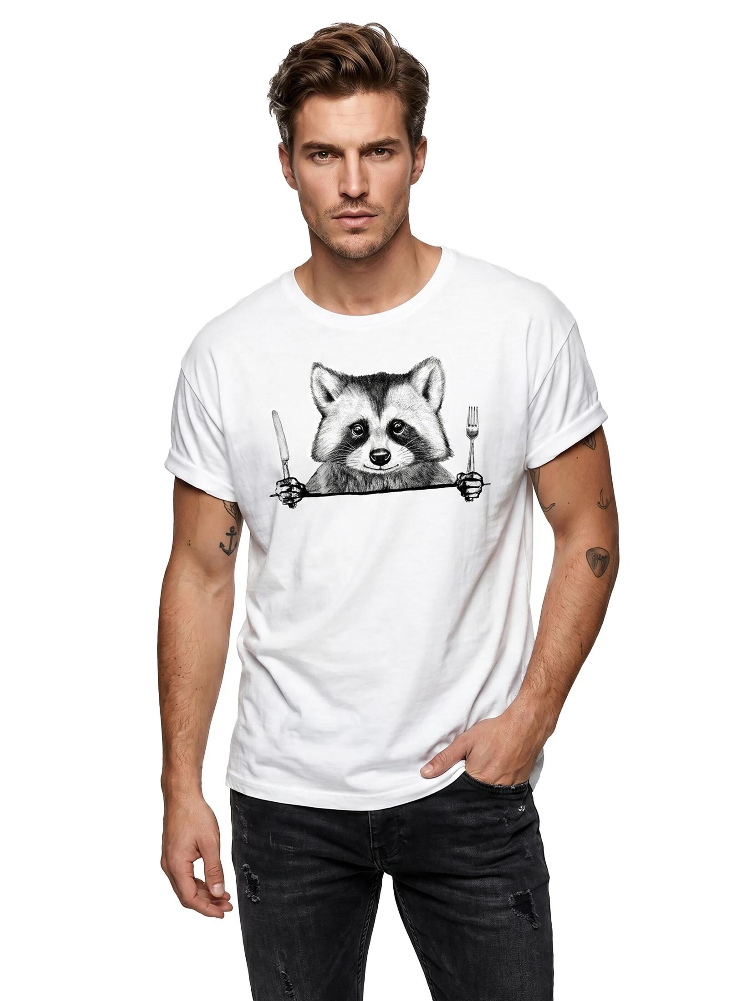 MAKAYA Shirt 'Waschbär Gabel' in White